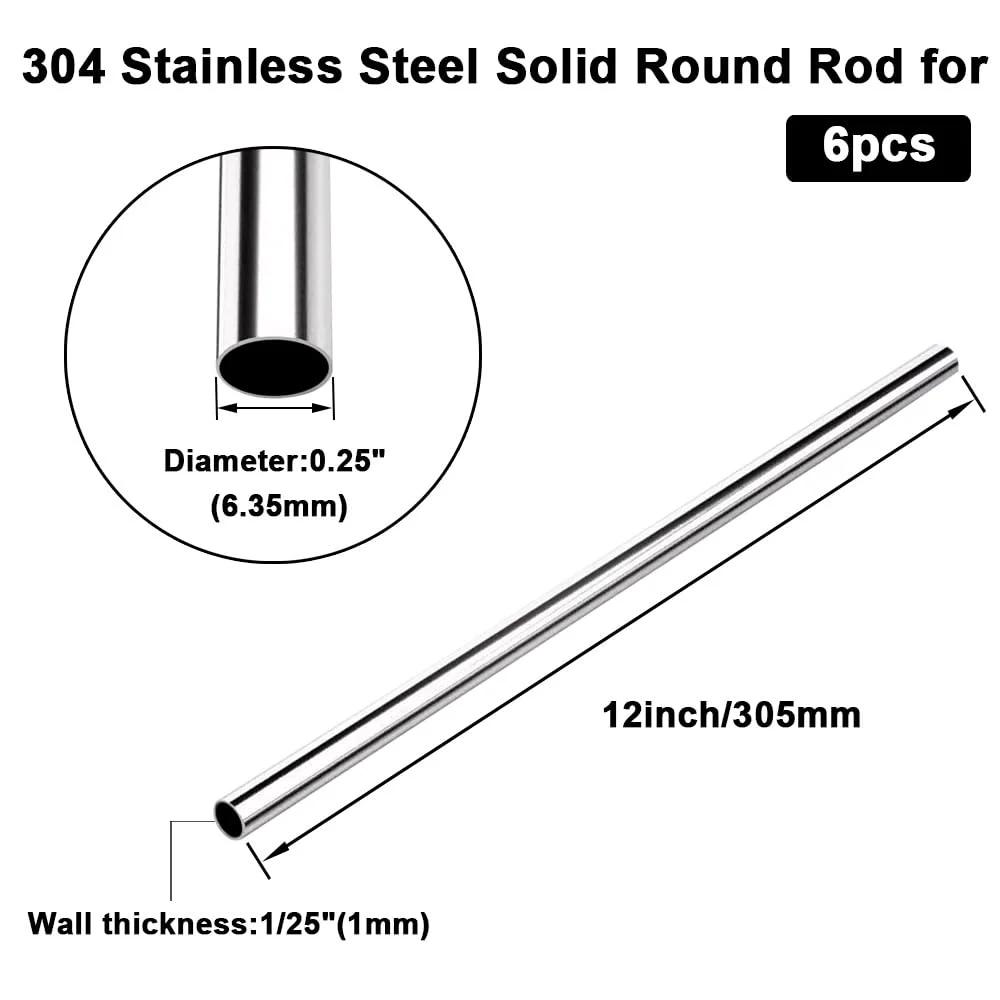 Six Pack Of 1/4 In OD 12 In Long 304 Stainless Steel Seamless Tubing Thickened Wall Round Metal Pipe displayed with dimensions