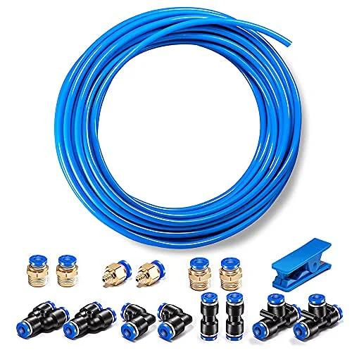 Blue Polyurethane Pneumatic Tubing Kit For Air Or Fluid Transfer, 6mm Outer Diameter And 4mm Inner, 39.4ft (12m) Length, Includes 14 Fittings