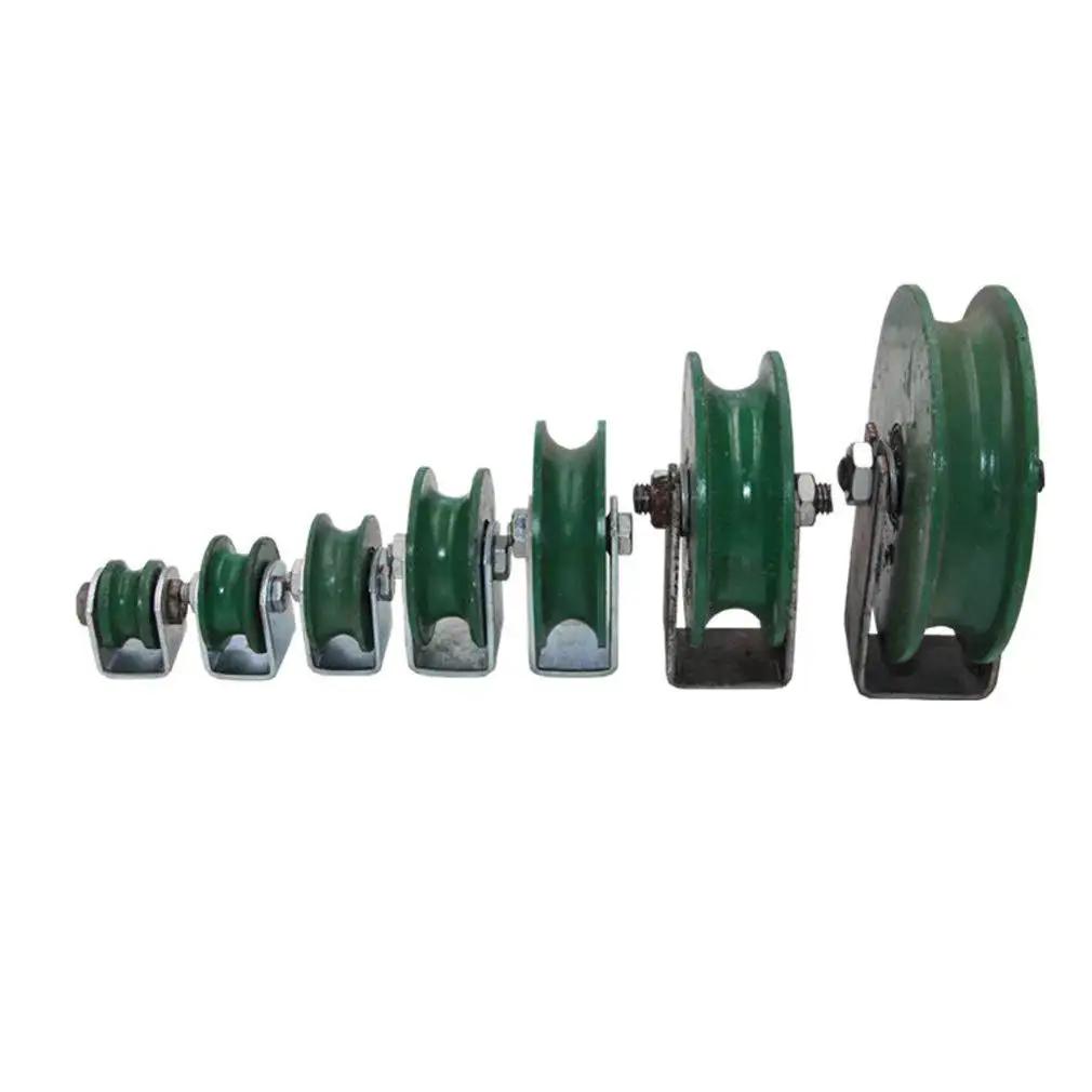 Heavy Duty Two U Groove Caster Wheel Set for Sliding Doors in various sizes, green cast iron, directional sheave track wheel