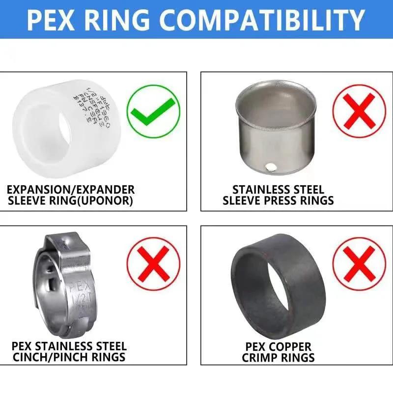 PEX ring compatibility chart showing allowed expansion sleeve ring and disallowed stainless, cinch, and crimp rings.