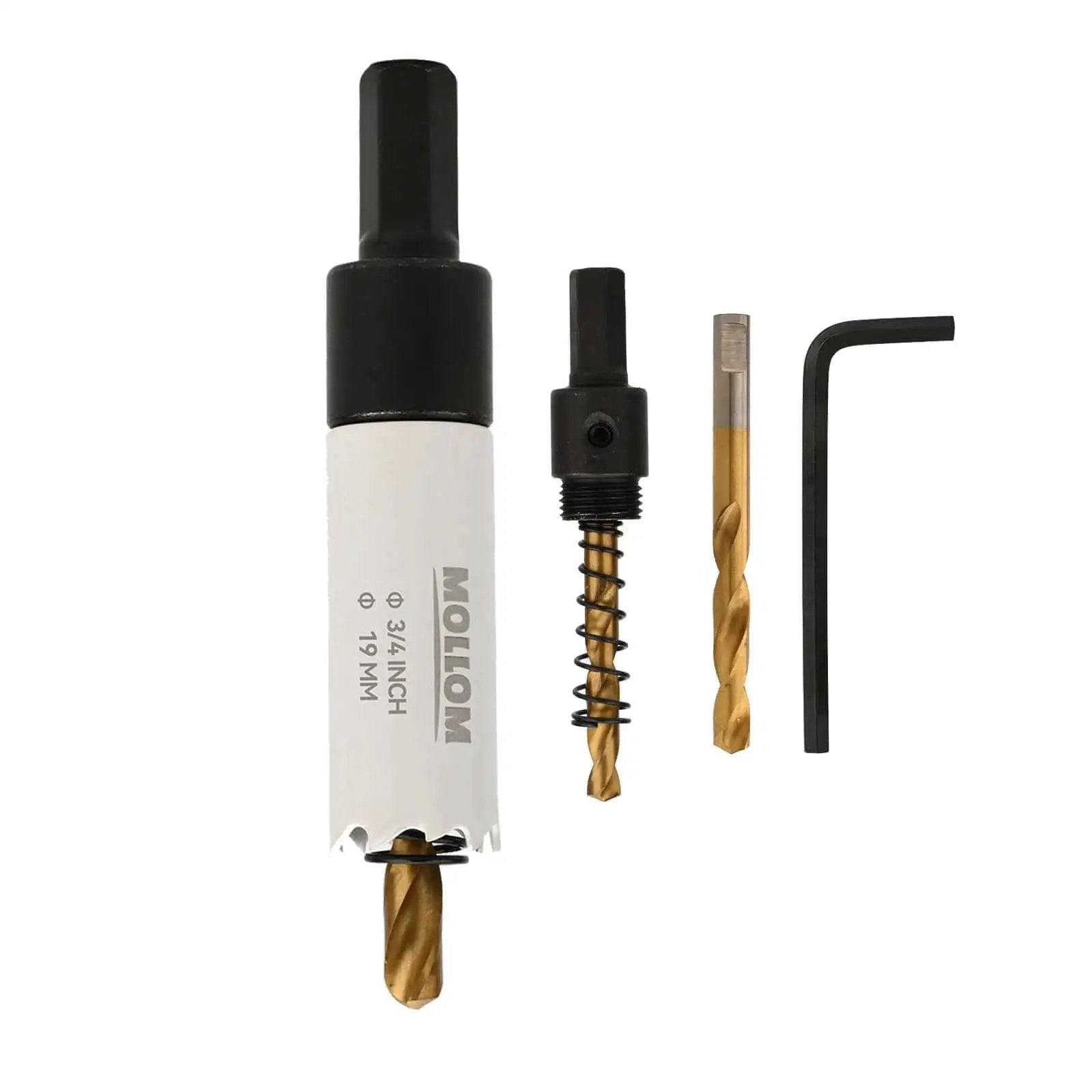 Heavy Duty Bi Metal Hole Saw Set 19mm And Three Quarter Inch HSS M42 With Eight Percent Cobalt Arbor And Two Pilot Drill Bits For PVC Drywall Wood Plastic Gypsum Board And Rubber shown with components