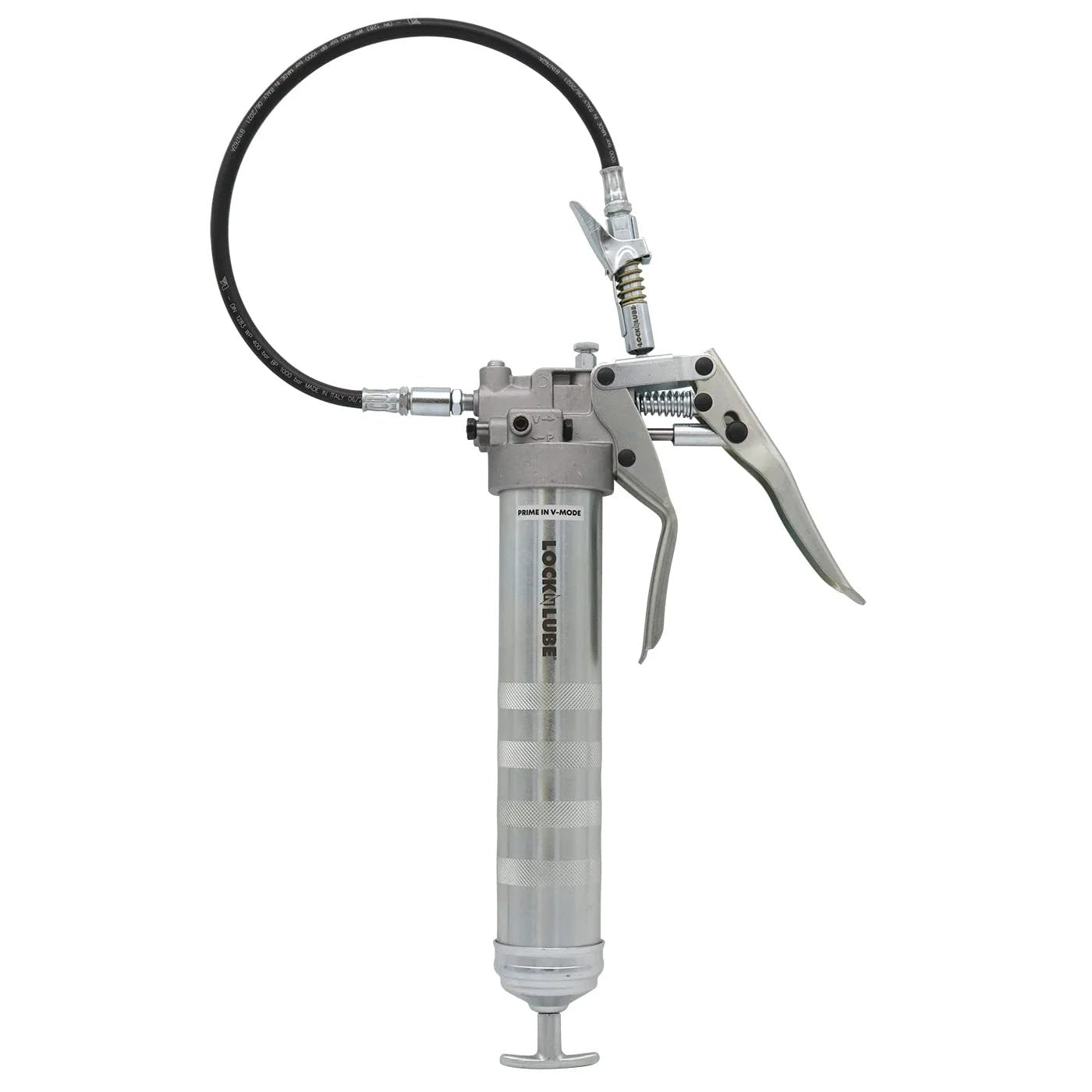Beefy Dual-Mode Pistol Grip Grease Gun With LockNLube Coupler 20 Inch Hose Inline Swivel Top Or Front Discharge A True Workhorse