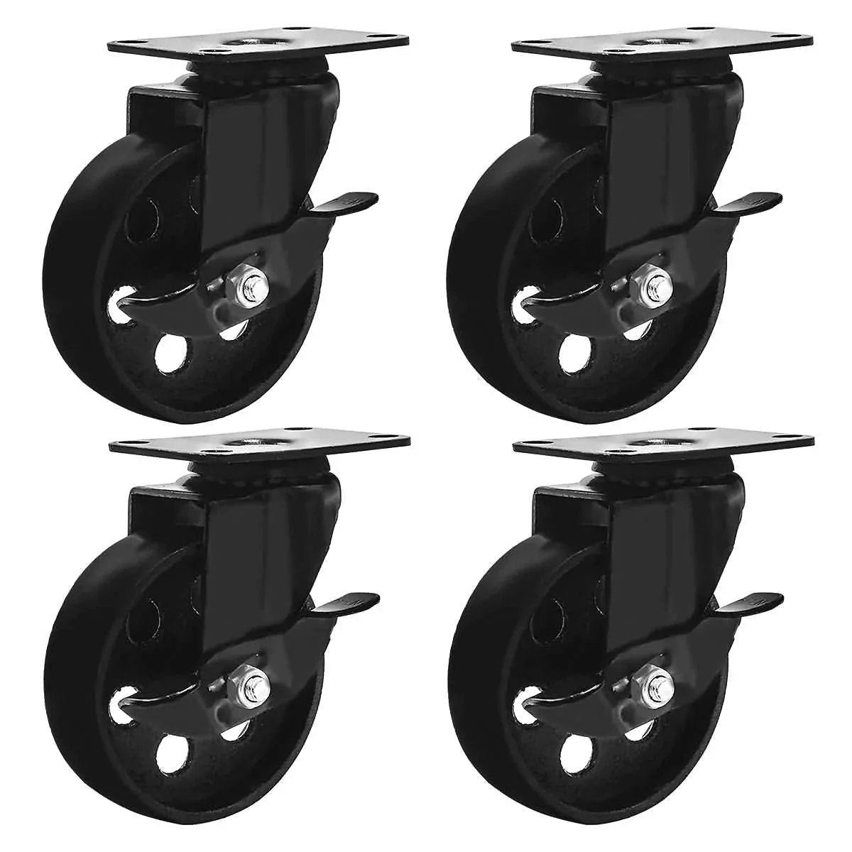 All Black Metal Swivel Plate Caster Wheels With Brake Lock, 4 Inch, 400 Lb Capacity, set of four, ideal for industrial carts and dollies