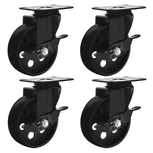 All Black Metal Swivel Plate Caster Wheels With Brake Lock, 4 Inch, 400 Lb Capacity, set of four, ideal for industrial carts and dollies