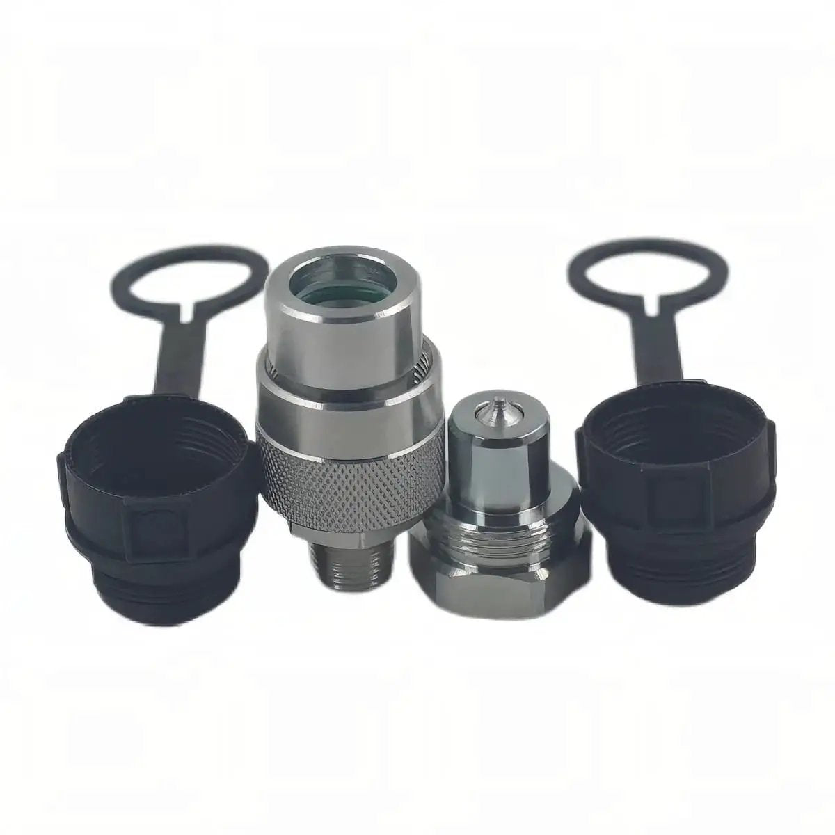 Heavy Duty One Quarter Inch NPT Hydraulic Quick Connect Set For Ten Thousand PSI High Pressure And High Flow With Two Couplers One Quarter Inch And Three Eighths Inch Plus Two Dust Caps Replaces Enerpac A 630