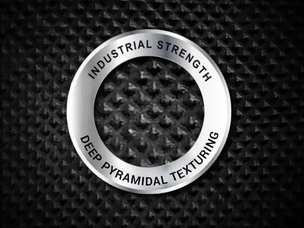 Close-up of deep pyramidal texturing, labeled 'Industrial Strength,' for Heavy-Duty Nitrile Disposable Gloves 6 Mil Latex-Free Raised Texture Box 100.
