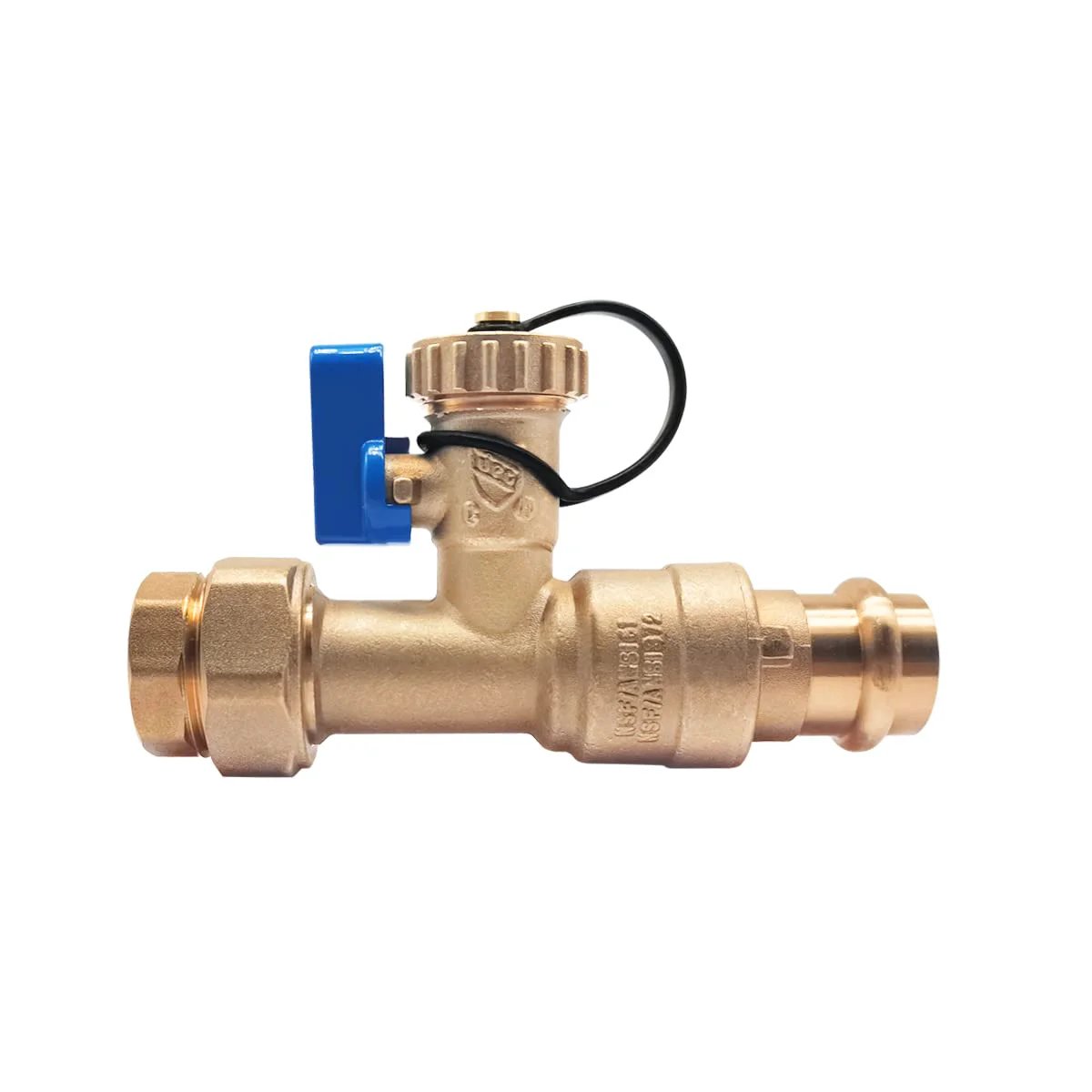 Side view of Tankless Water Heater Isolation Valve Kit With Pressure Relief Valve In Clean Brass For Low Lead Codes, Three Quarters Inch Female Threaded X Press Connection.