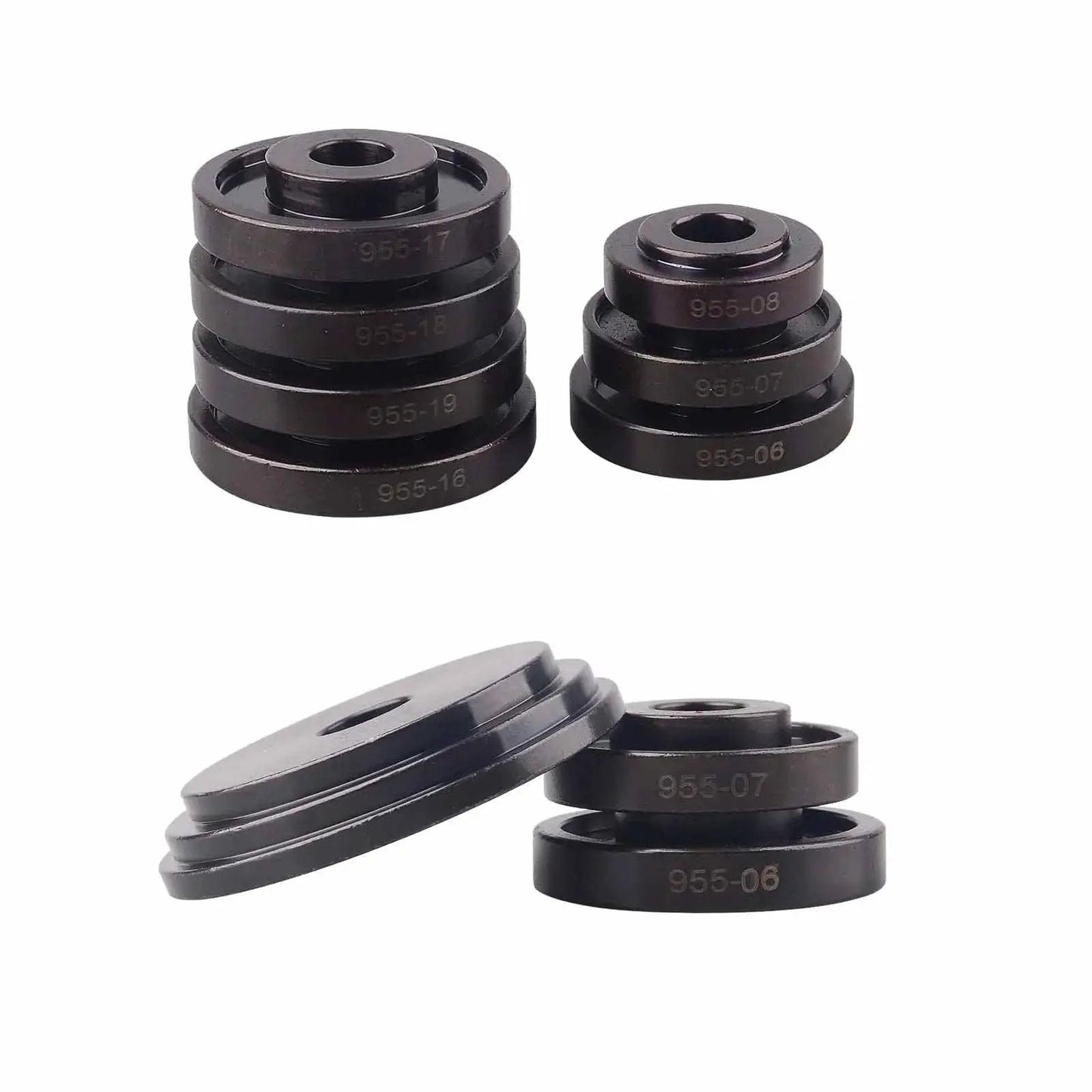Stacked bushings and sleeve plates from Front Wheel Drive Bearing Removal Tool Set With Press Kit And Adapters For On Vehicle Bearing Replacement