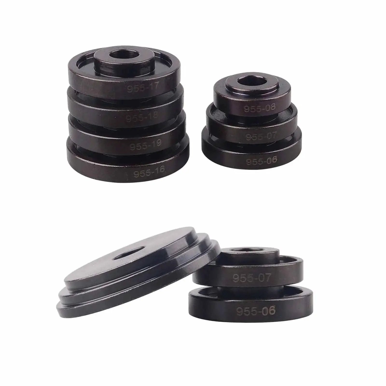 Stacked bushings and sleeve plates from Front Wheel Drive Bearing Removal Tool Set With Press Kit And Adapters For On Vehicle Bearing Replacement