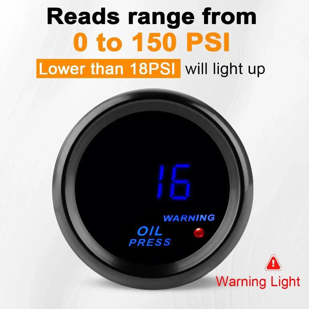 2 Inch Oil Pressure Gauge Kit 0 To 150 PSI For Boats Cars Trucks And Marine Vehicles 12V DC 52mm Dial Night Safety Display