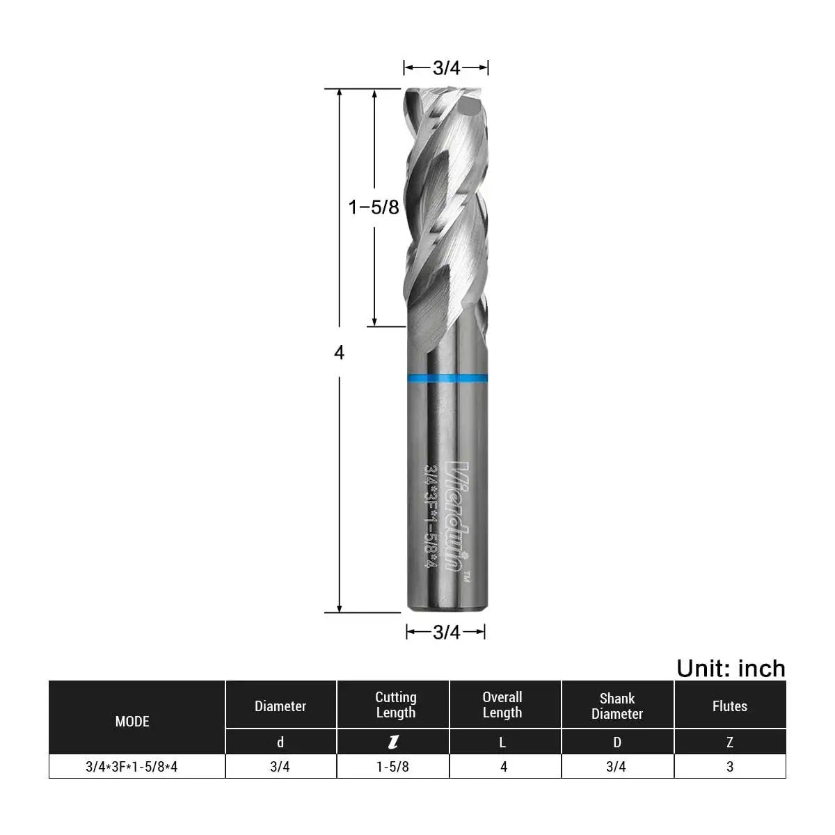 Go To Three Flute Carbide End Mill For Aluminum And Copper, Three Quarter Inch Diameter, Four Inch OAL, front view and dimensions