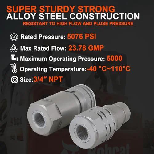 Heavy Duty Three Quarters Inch NPT Hydraulic Quick Connect Coupler Flat Face Fitting for Bobcat Skid Steer and John Deere ISO 16028 Compatible Pro Grade Alloy Steel Build with Anti Corrosion Plating Elifecenter, front view against pressure chart background.