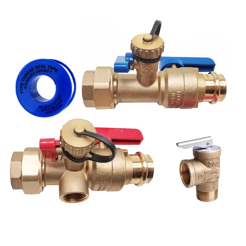 Tankless Water Heater Isolation Valve Kit With Pressure Relief Valve In Clean Brass For Low Lead Codes, Three Quarters Inch