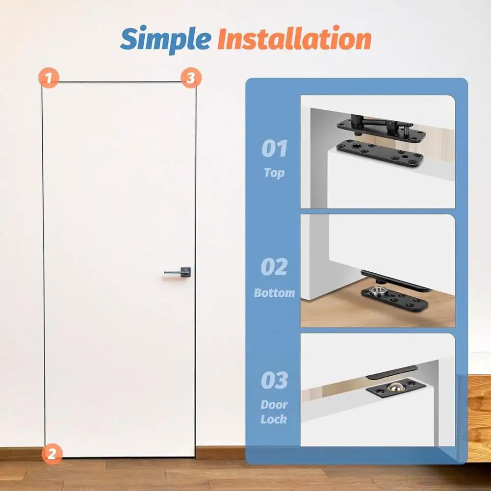 Hidden Door Hinge For Secret Bookcase Doors, 570 Lbs Load Bearing, 360 Degree Swing, Easy Install With Included Glove, Concealed Door Hardware For Private Passages installation guide with top and bottom hinge details.