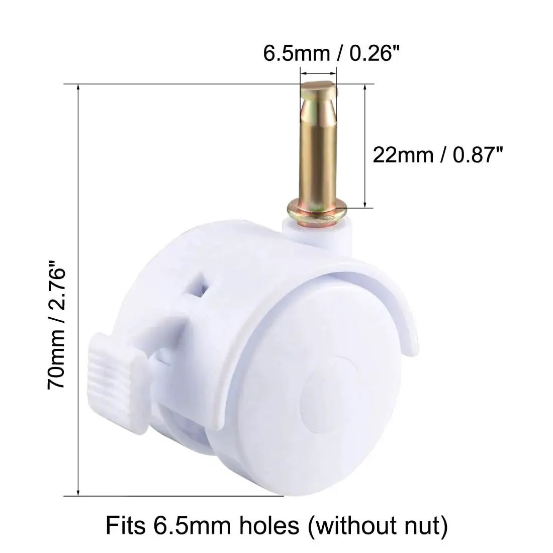 Swivel Caster Set One Point Five Inch Grip Neck White Plastic Casters With Brakes And Mounting Socket Four Pack Thirty Nine Millimeter Wheels Five Kilogram Capacity Per Wheel Quiet Rolling, close-up view with measurements.