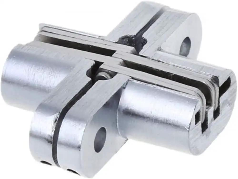Close-up of a Hidden Cross Hinge for Concealed Mortise Doors, alloy construction, showing 180 degree folding mechanism