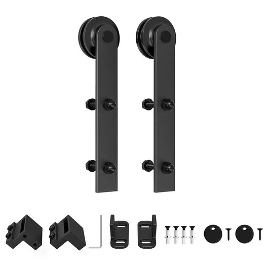Heavy Duty Sliding Barn Door Roller Hanger With Anti Jumper Stopper Floor Guide And Accessories, black finish, front view
