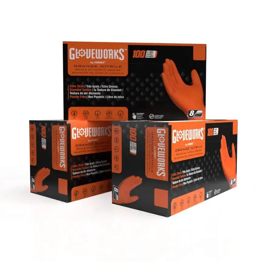 Boxes of Orange Nitrile 8 Mil Disposable Heavy Duty Diamond Grip Mechanic Gloves XXL stacked and displayed.