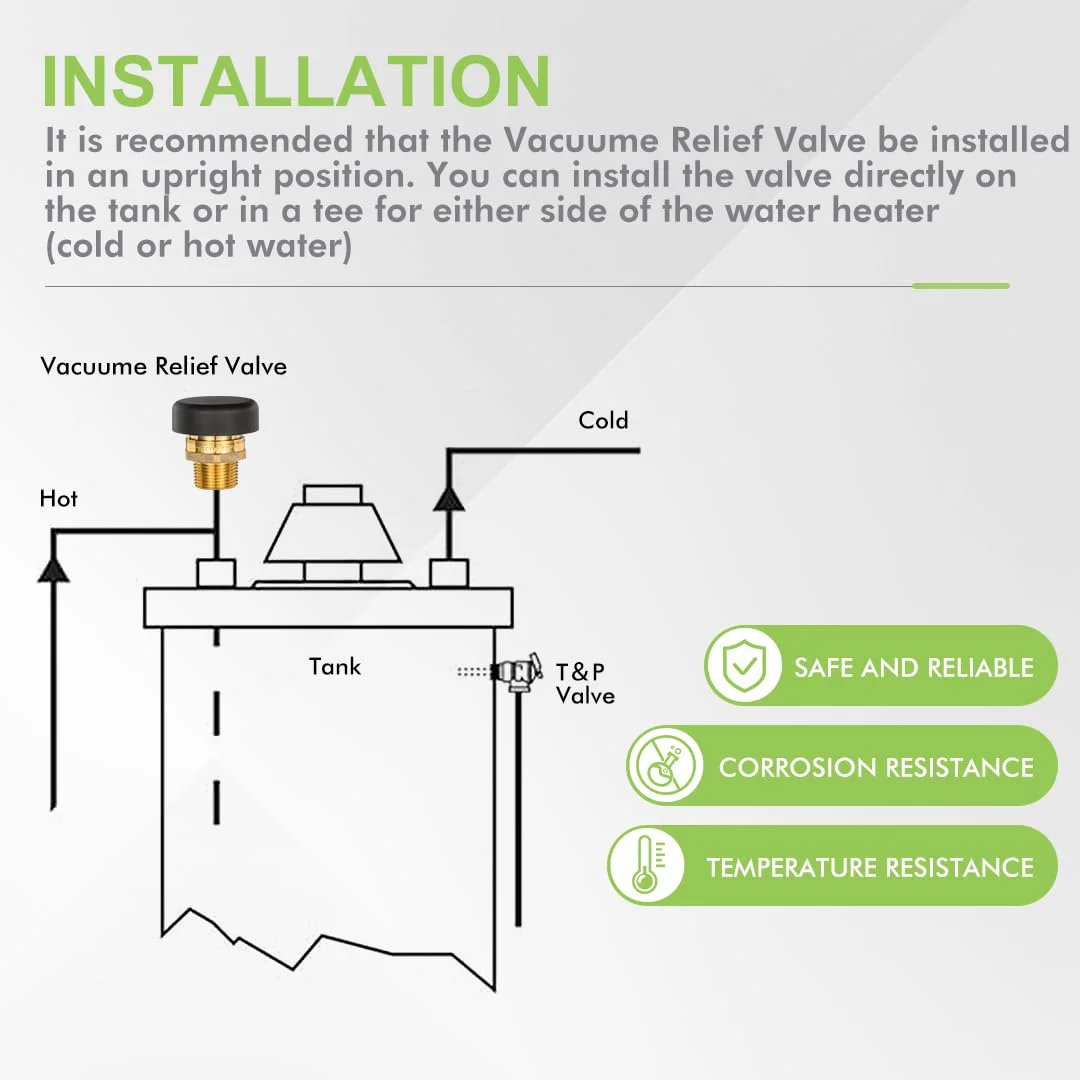 Installation diagram of Vacuum Relief Valve Three Quarter Inch Brass Tubular Water Service Low Profile With Dust Cover For Water Heaters And Tanks Leak Proof Lead Free ANSI Z21 22 CSA Certified