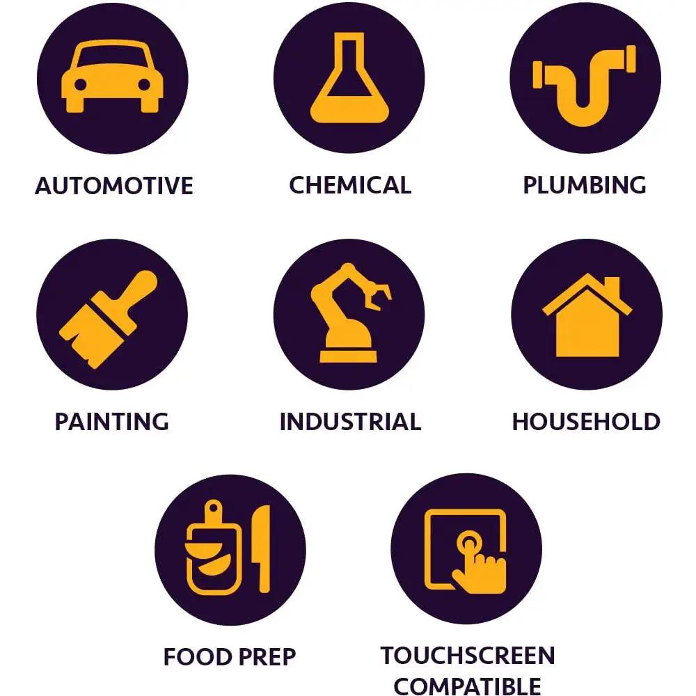 Icons showing uses for 8 Mil Orange Nitrile Gloves With Diamond Textured Grip For Industrial And Food, including automotive and food prep.