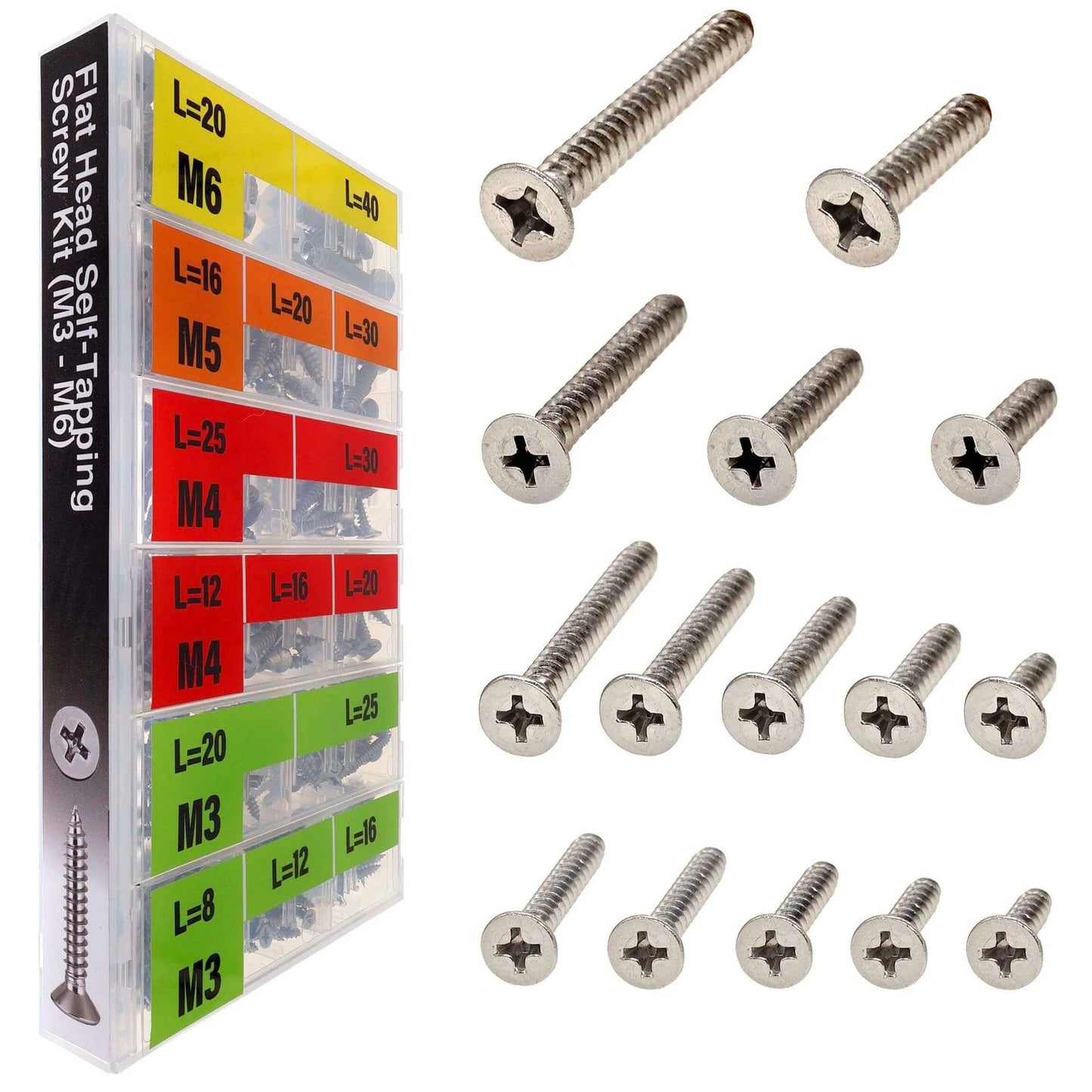 549 Pcs Metric Self Tapping Screws Assortment Kit with M3 M4 M5 M6 Flat Head Phillips Drive Screws Made from 304 Stainless Steel Featuring Multiple Lengths Organized Case for Wood Plastic and Sheet Metal Use