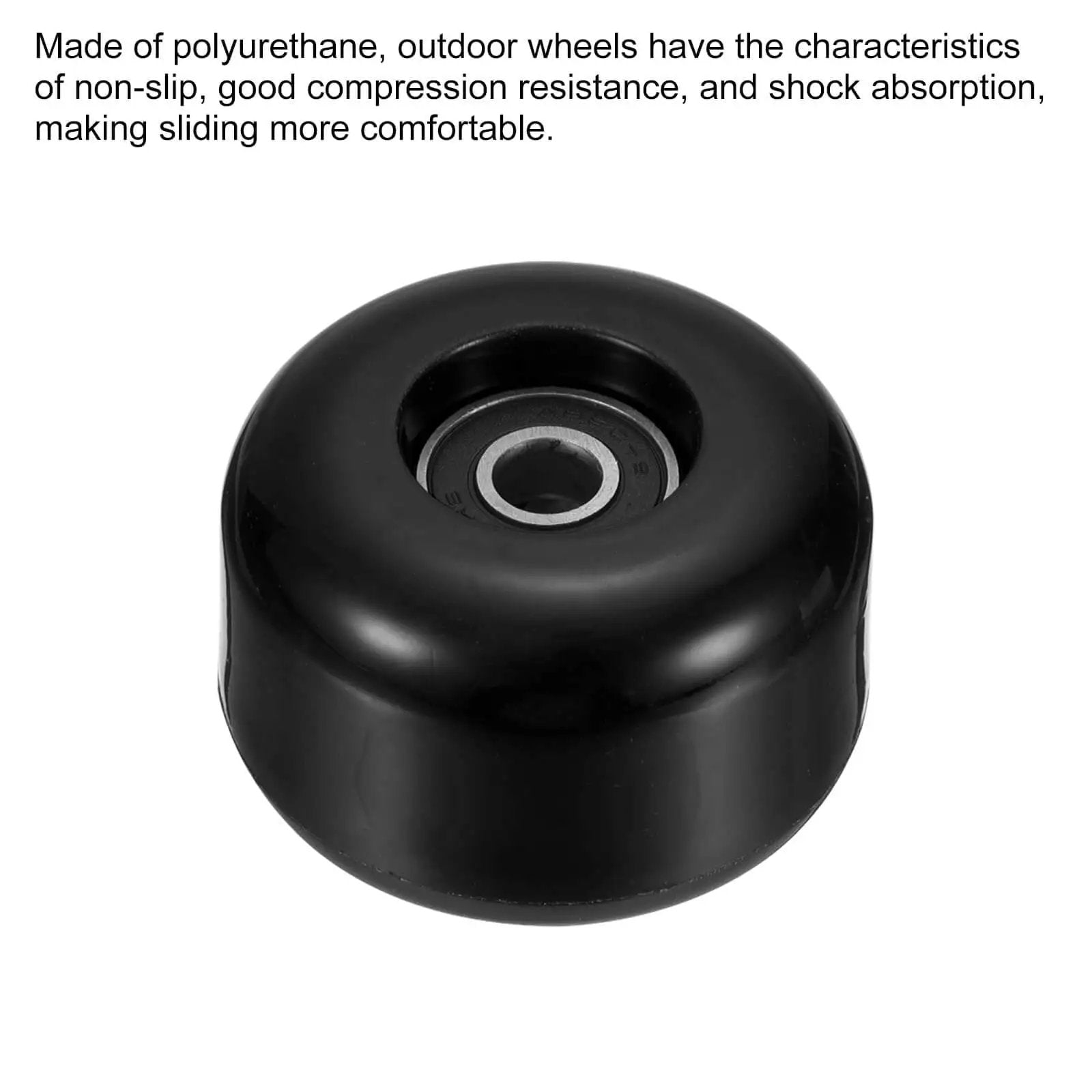 Close-up of a black 54mm skateboard wheel with ABEC 9 bearing, 85A hardness, made of durable polyurethane for street and park skating.