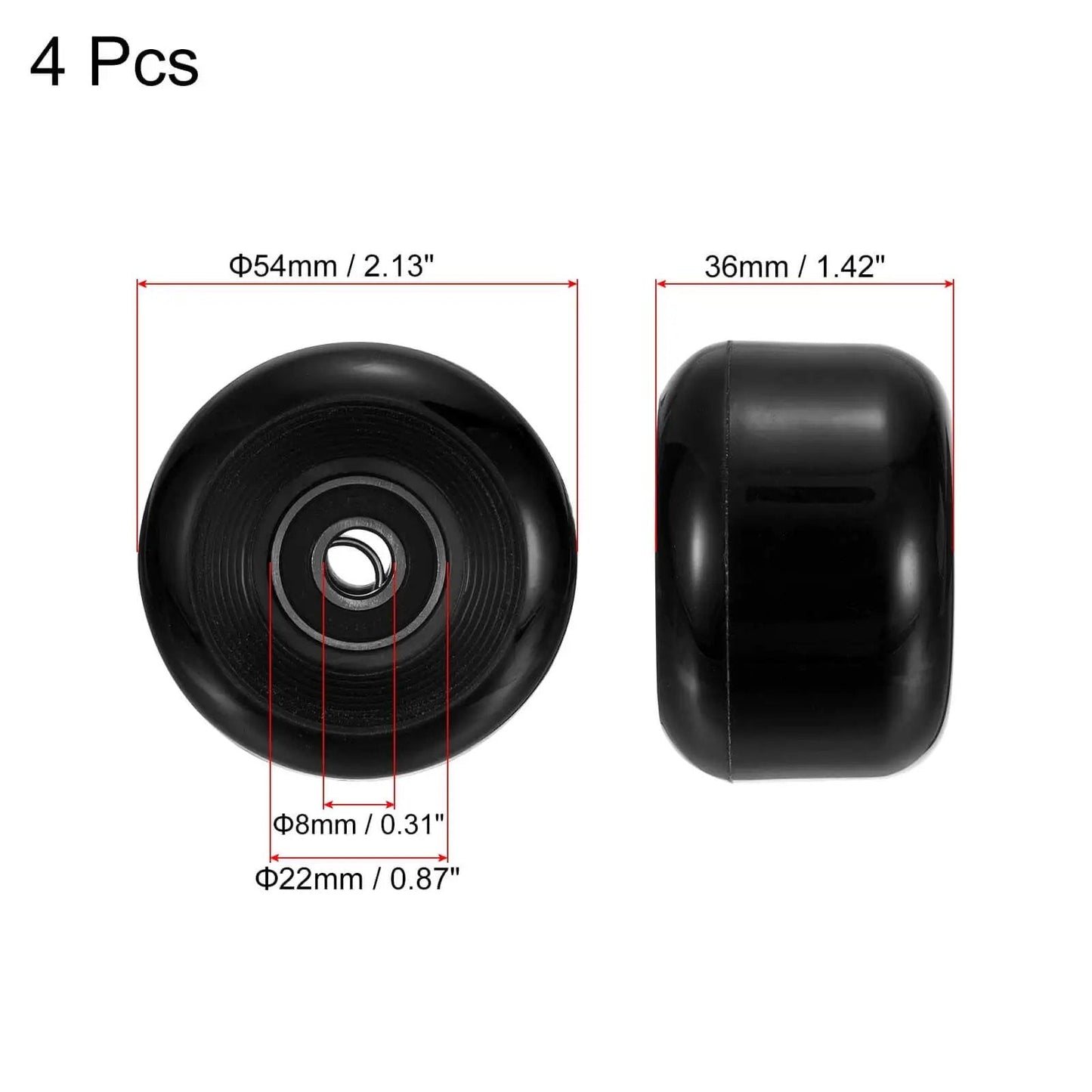 54mm Skateboard Wheel Set With ABEC 9 Bearings Four Pack Cruiser Street Wheels 85A Hardness Black Durable Replacement