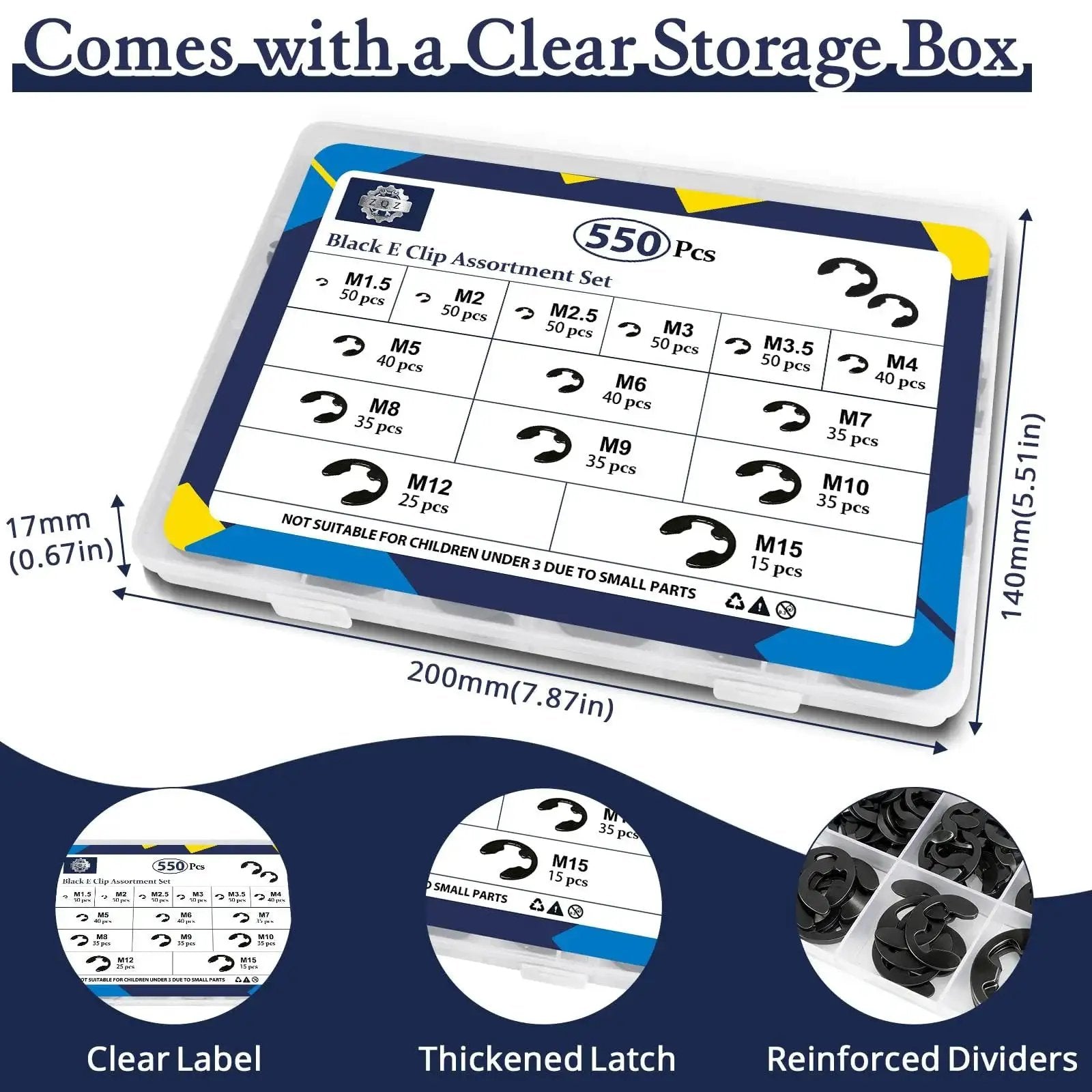 Clear storage box containing 550 Piece E Clip And Snap Ring Assortment Kit in Black Carbon Steel with 14 Sizes M1.5 to M15.