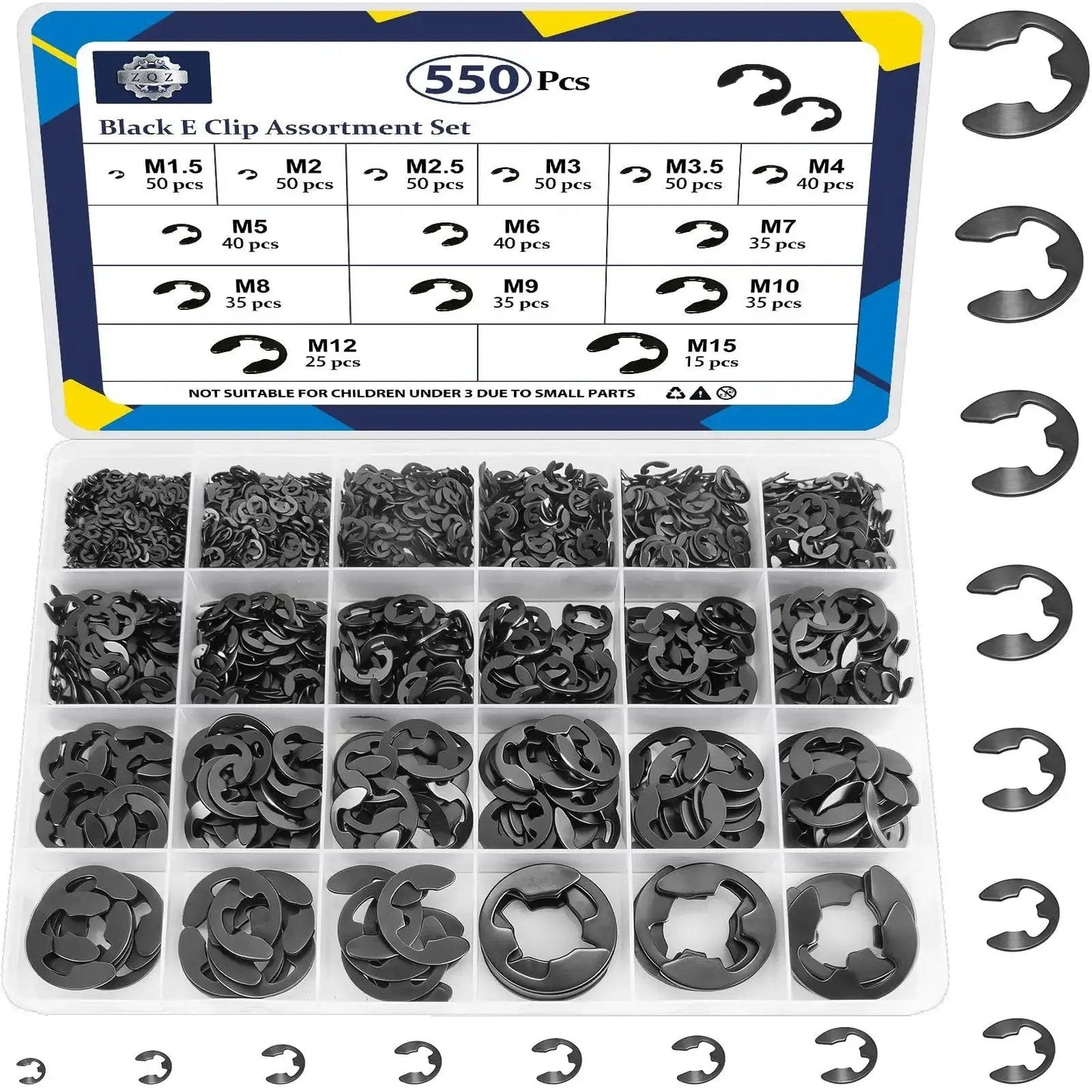 550 Piece E Clip And Snap Ring Assortment Kit in black carbon steel with 14 sizes M1.5 to M15 displayed in a plastic organizer box.