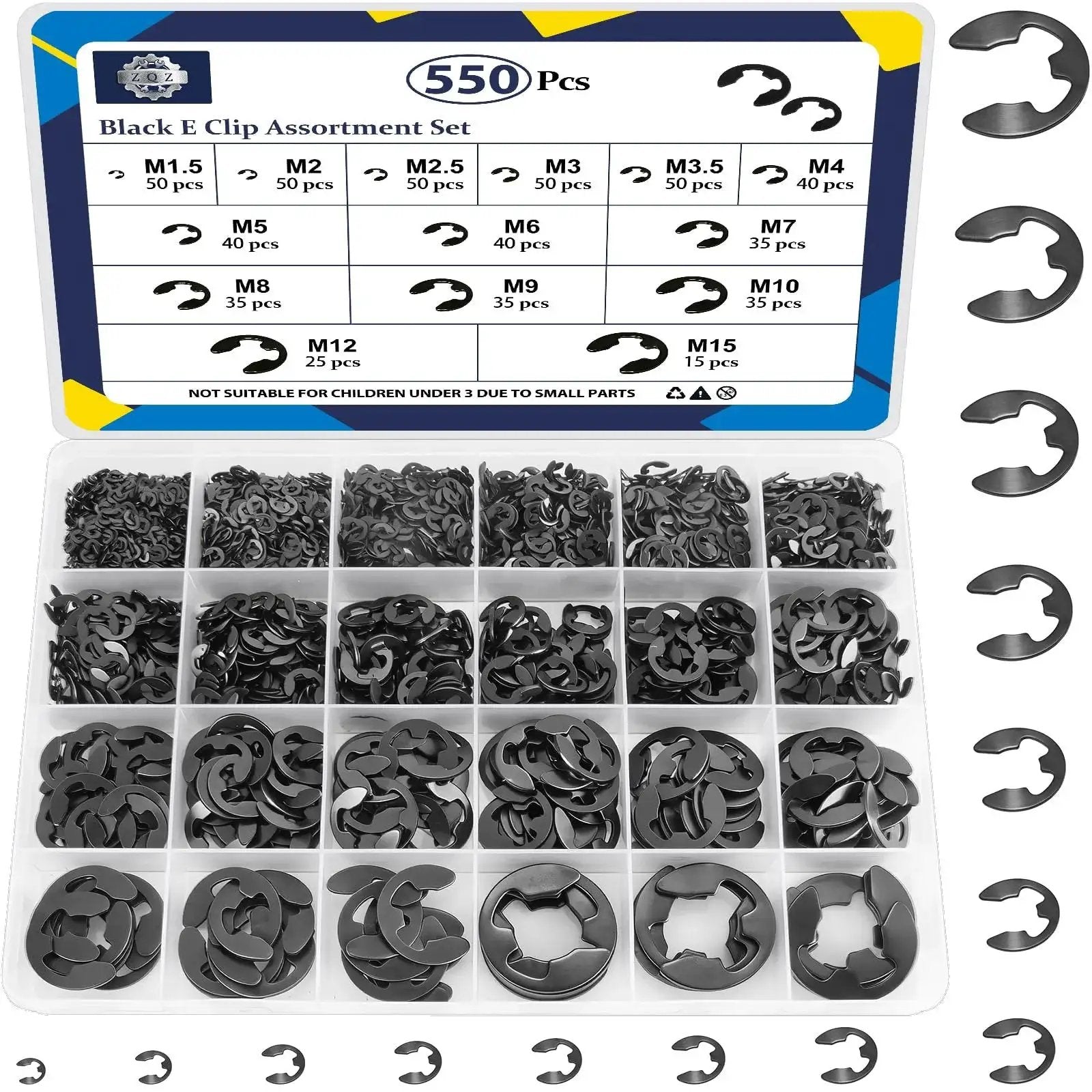 550 Piece E Clip And Snap Ring Assortment Kit in black carbon steel with 14 sizes M1.5 to M15 displayed in a plastic organizer box.
