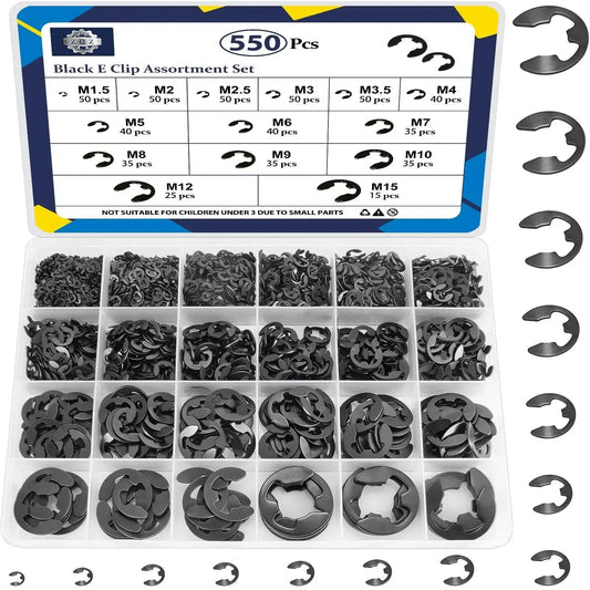 550 Piece E Clip And Snap Ring Assortment Kit in black carbon steel with 14 sizes M1.5 to M15 displayed in a plastic organizer box.