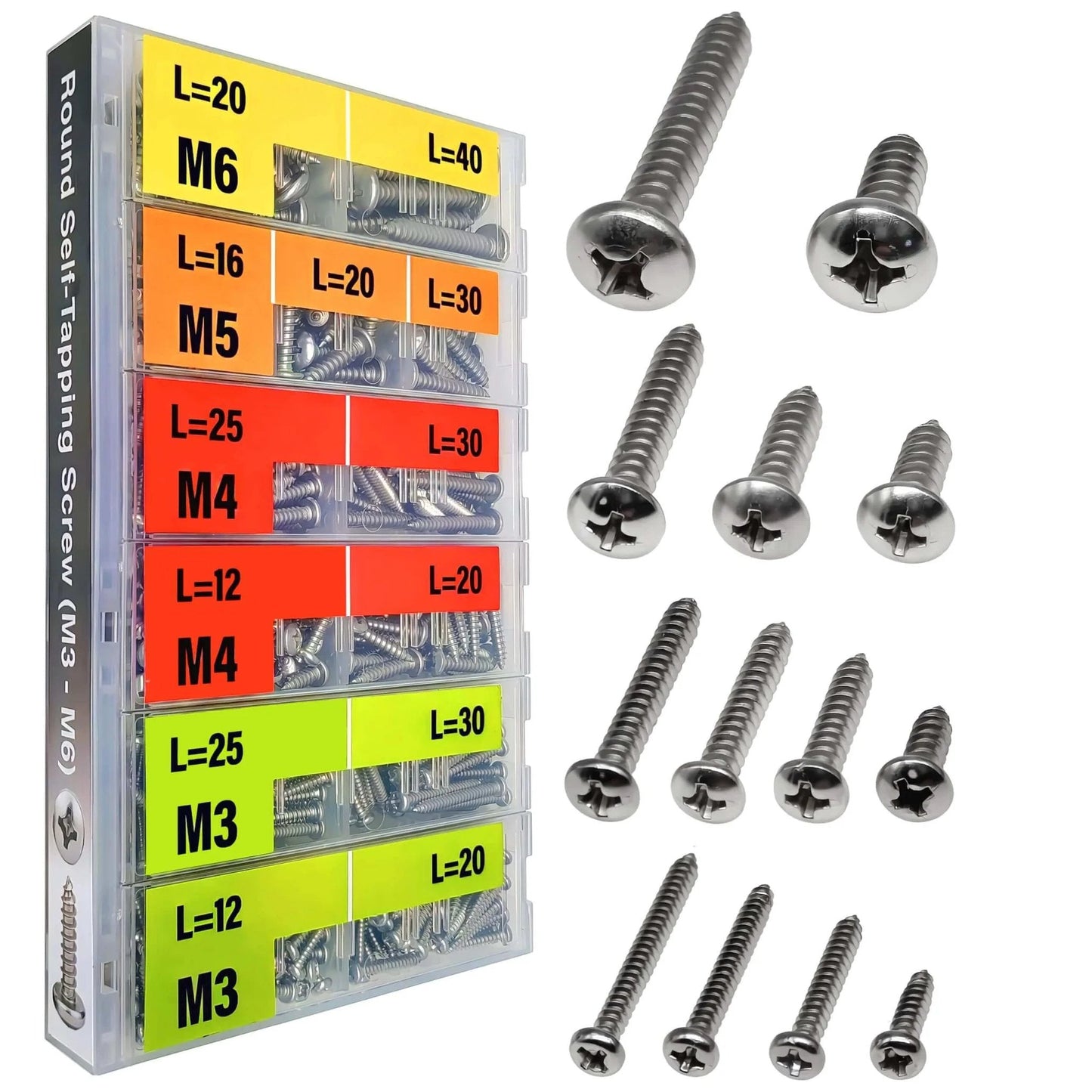 574 Pcs Metric Self Tapping Screws Assortment Kit with M3 M4 M5 M6 Round Head Phillips Drive Screws Made from 304 Stainless Steel Featuring Multiple Lengths Organized Case for Wood Plastic and Sheet Metal Use