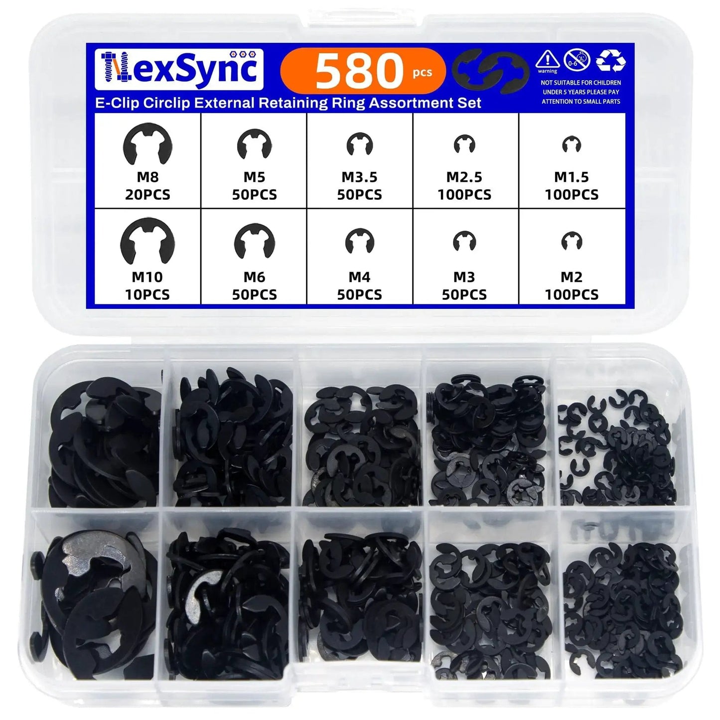 580Pcs E Clip Snap Ring Kit Built Tough For Pros And DIYers 65Mn Steel External Retaining Rings with Case