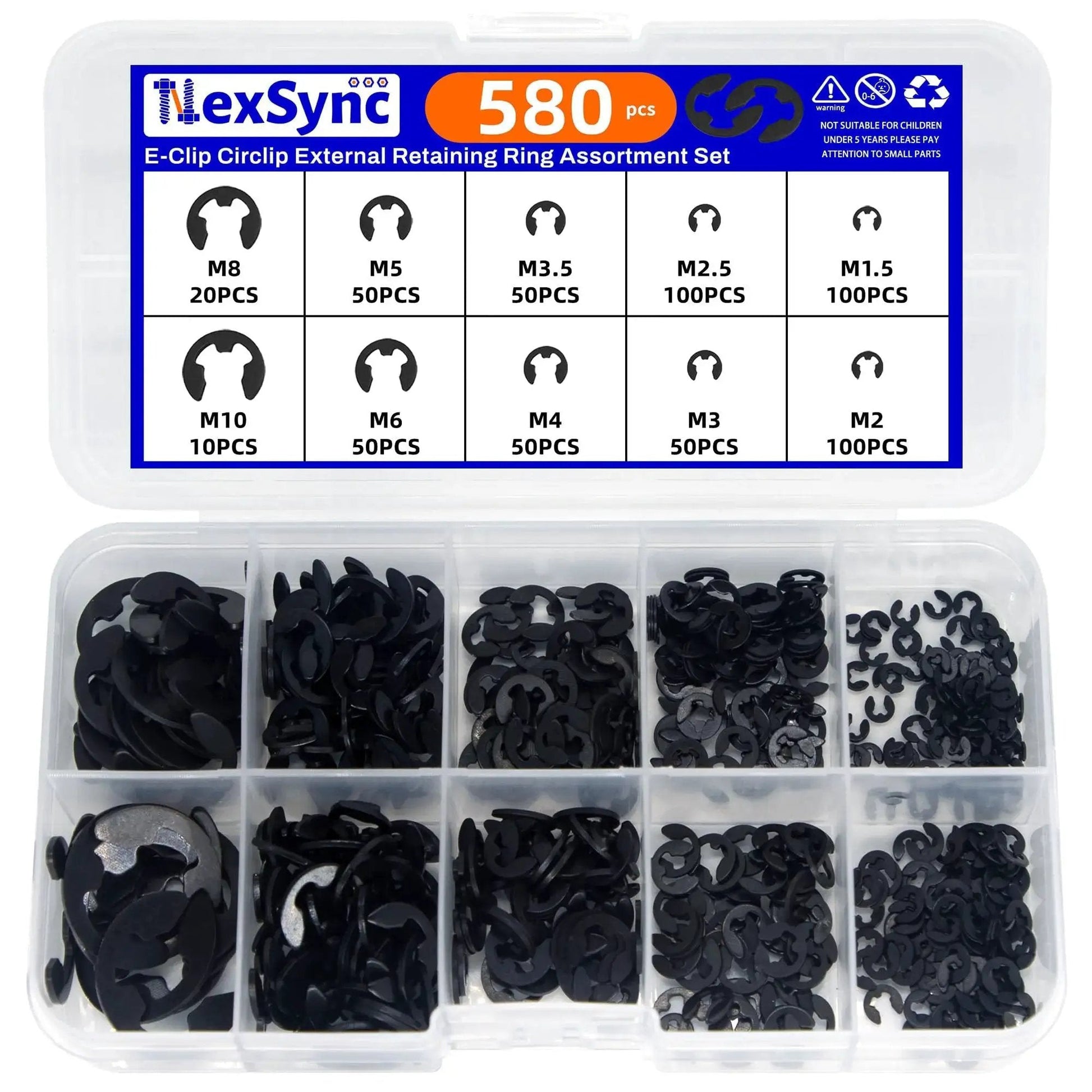 580Pcs E Clip Snap Ring Kit Built Tough For Pros And DIYers 65Mn Steel External Retaining Rings with Case