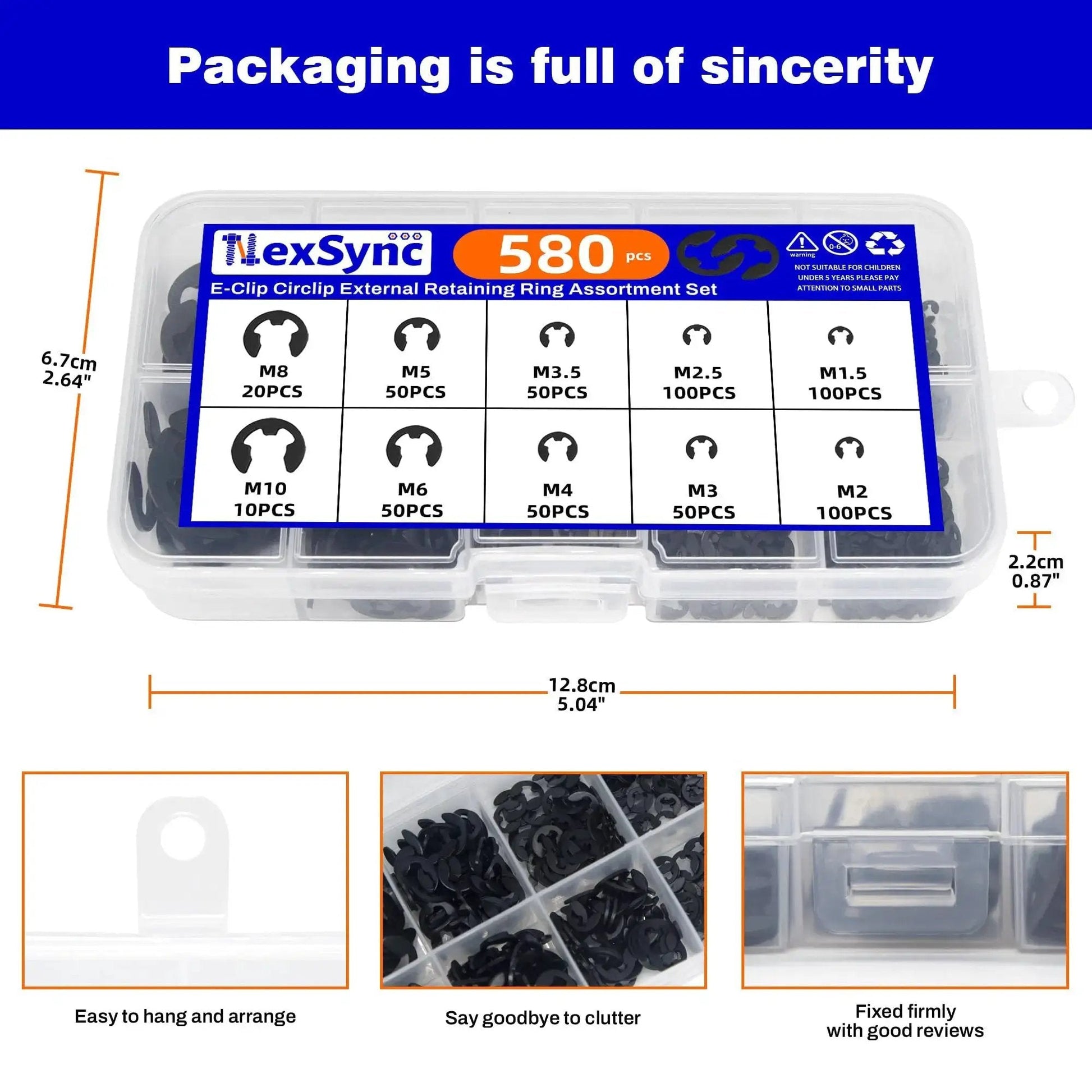 580Pcs E Clip Snap Ring Kit Built Tough For Pros And DIYers 65Mn Steel External Retaining Rings in clear case with labeled sections