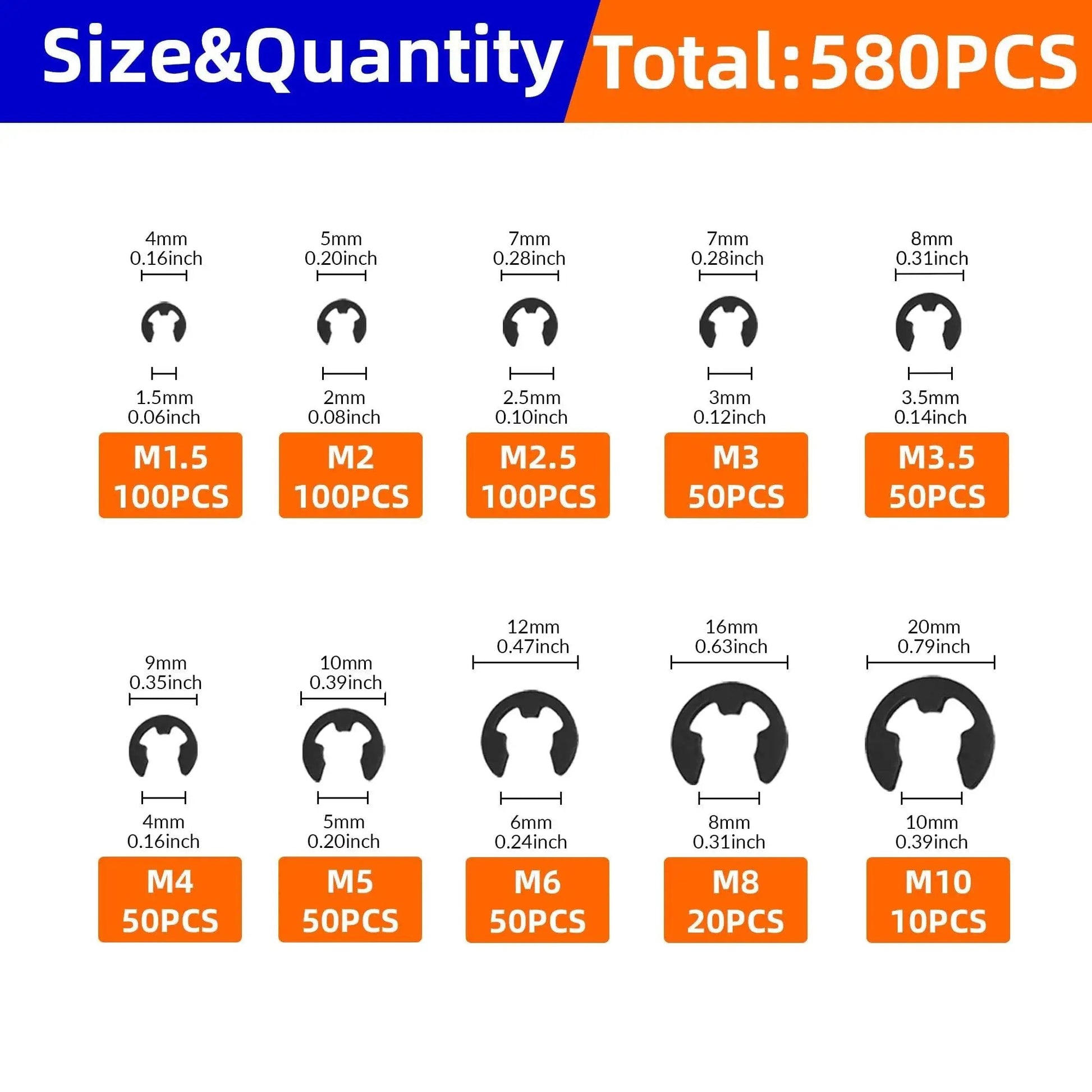 580Pcs E Clip Snap Ring Kit Built Tough For Pros And DIYers 65Mn Steel External Retaining Rings size chart, SAE M1.5 to M10.