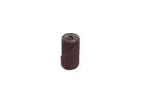 Brown sanding drum for rotary tools, cylindrical shape ideal for smoothing and shaping materials like wood and metal, close-up view.