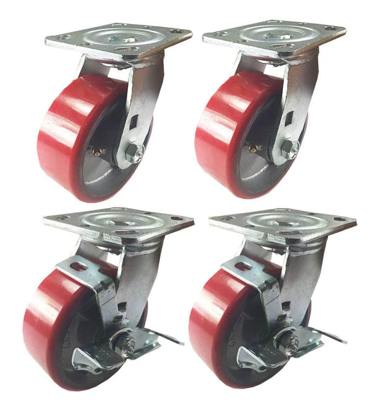 5 Inch Heavy Duty Cast Iron Hub Caster Wheels Set of 4, 2 Swivel and 2 Swivel with Brake, Non Skid Mark Design