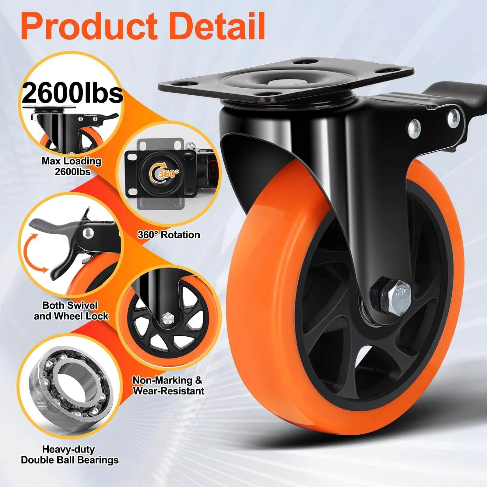 5 Inch Heavy Duty Caster Wheels Set of 4, Silent Swivel Casters with Brakes, Industrial Load Rated 2600 lbs Total, Smooth Rolling