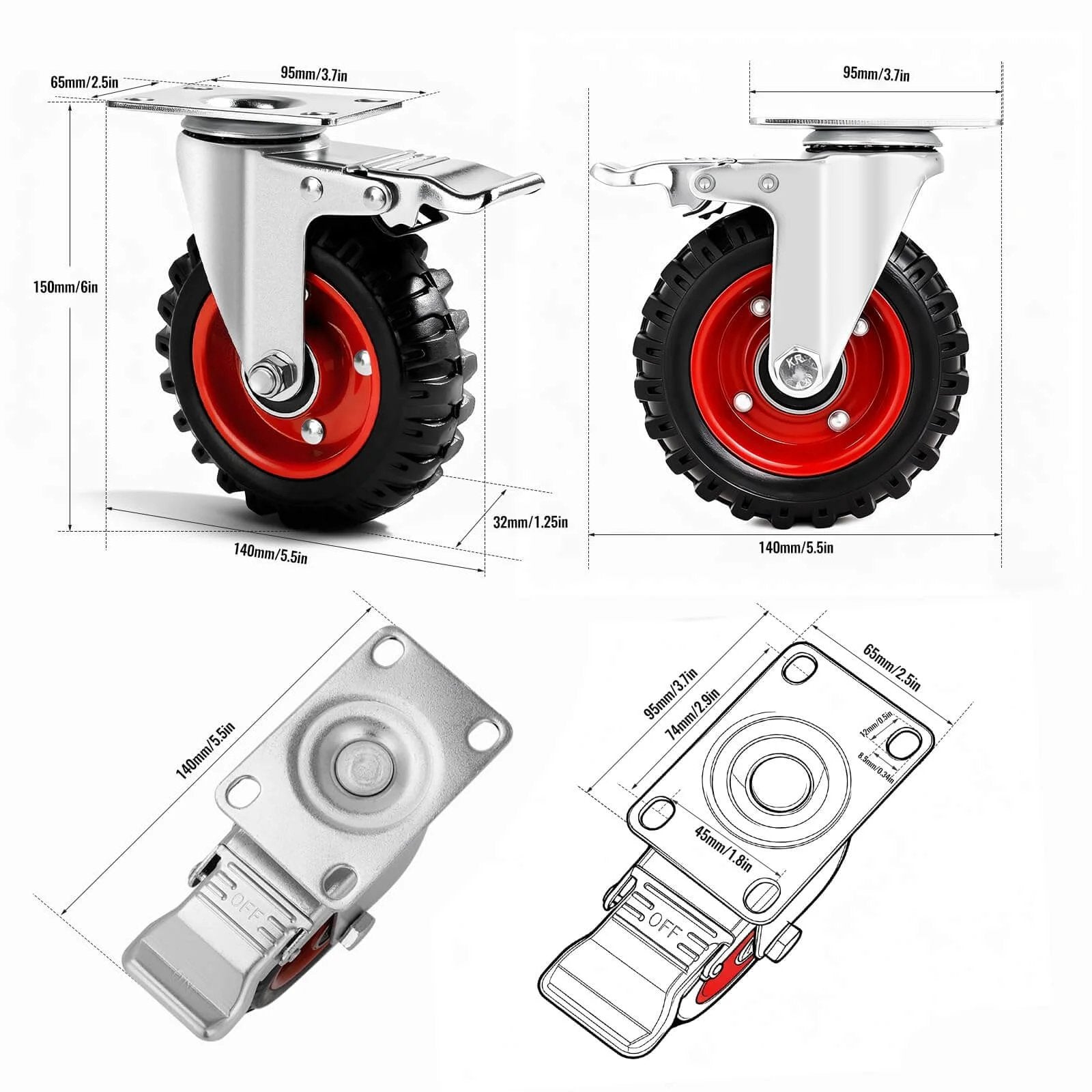 Dimensions and design of 5 Inch Heavy Duty Caster Wheels with Dual Lock Safety Brake, Non Marking Rubber Tires, Swivel Design
