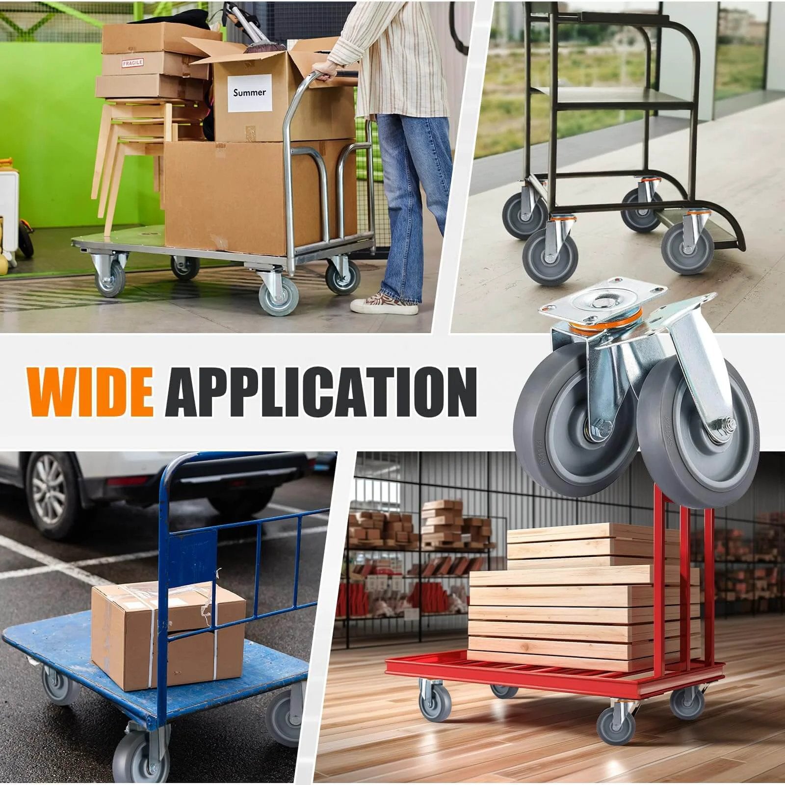 5 Inch Heavy Duty Caster Wheels Replacement Kit in use on utility carts, showing TPR rubber silent casters for DIY trolleys and cabinets