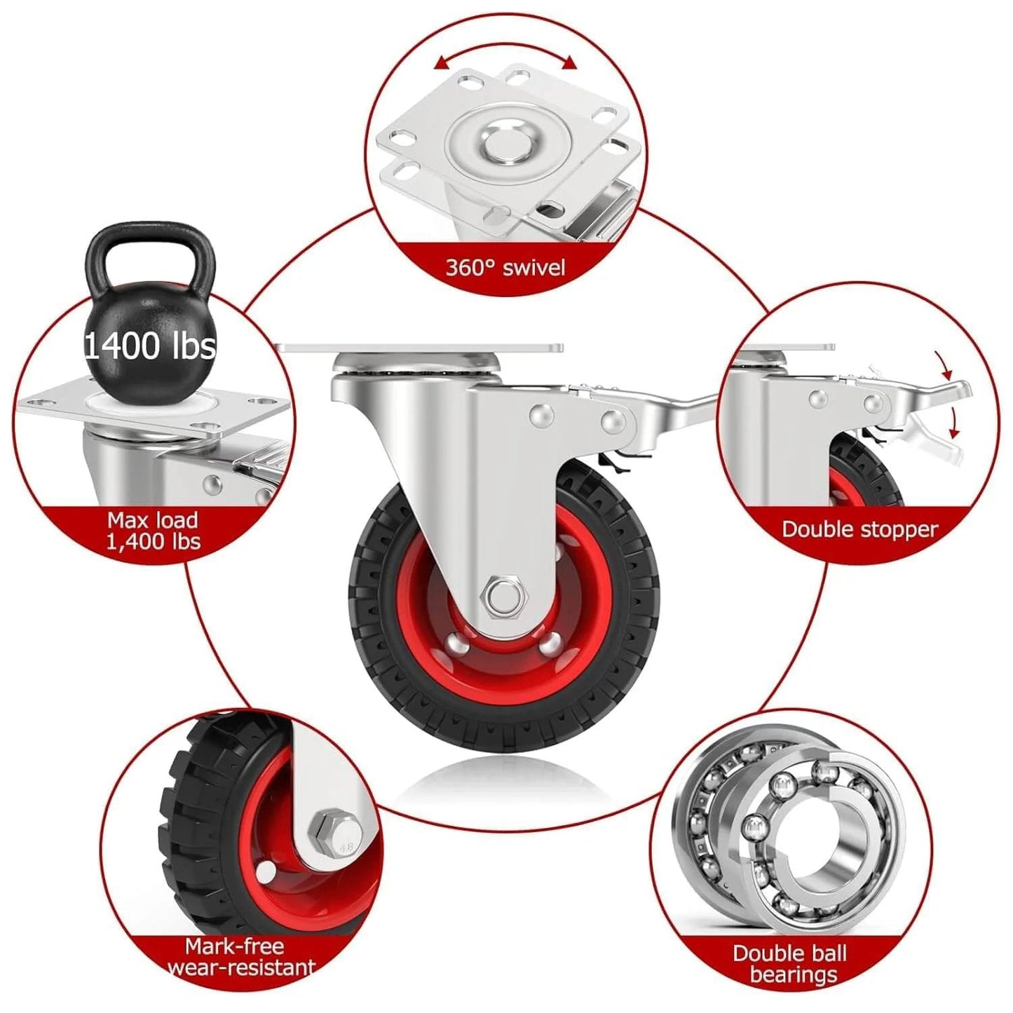 Features of 5 Inch Heavy Duty Caster Wheels with Dual Lock Safety Brake, Non Marking Rubber Tires, Swivel Design, 4 pack, 400 lbs per caster