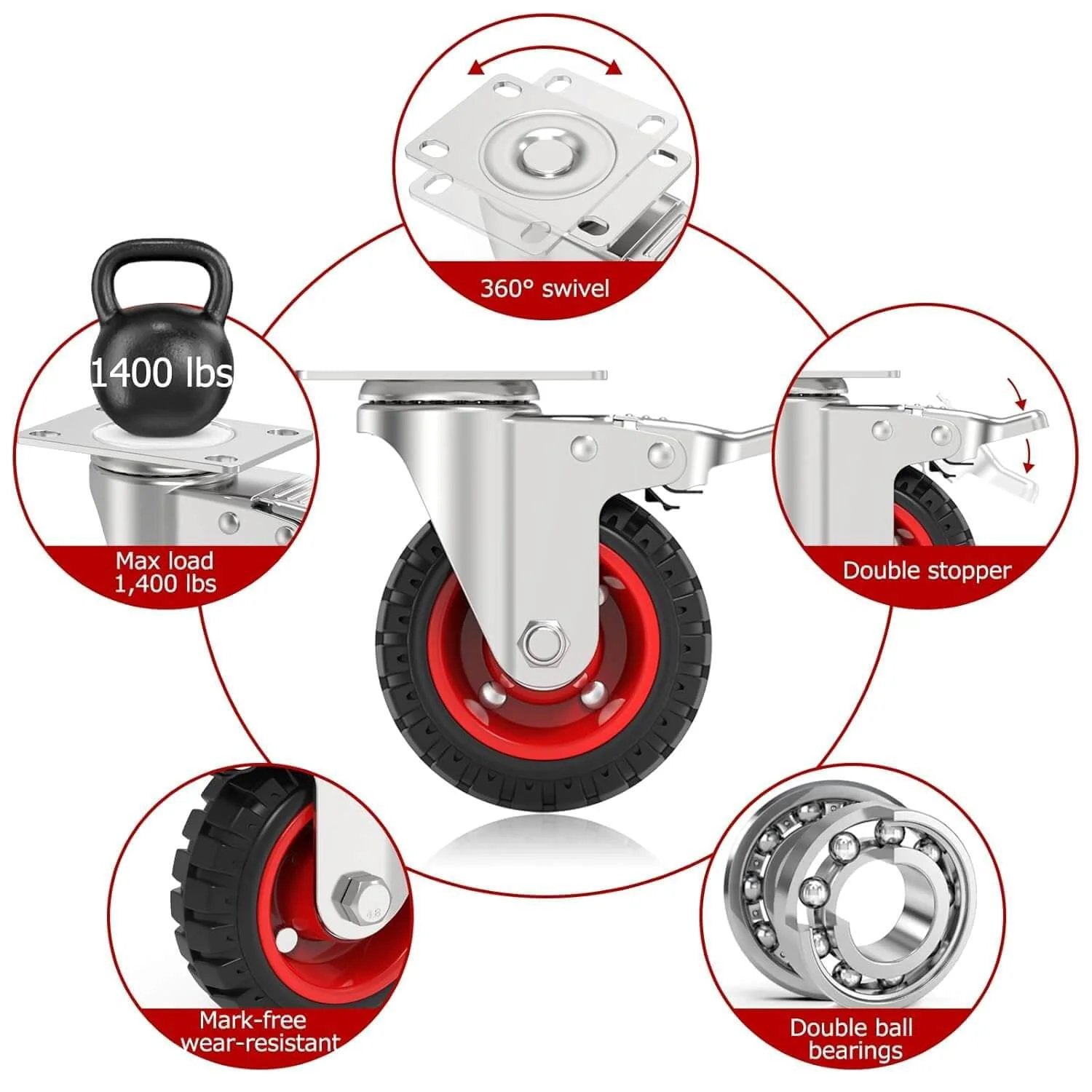 Features of 5 Inch Heavy Duty Caster Wheels with Dual Lock Safety Brake, Non Marking Rubber Tires, Swivel Design, 4 pack, 400 lbs per caster