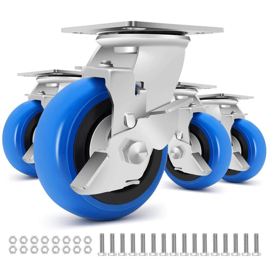 5 inch heavy duty caster wheels set of 4 rated 3500 lb total with smooth rolling design industrial polyurethane wheels and brakes
