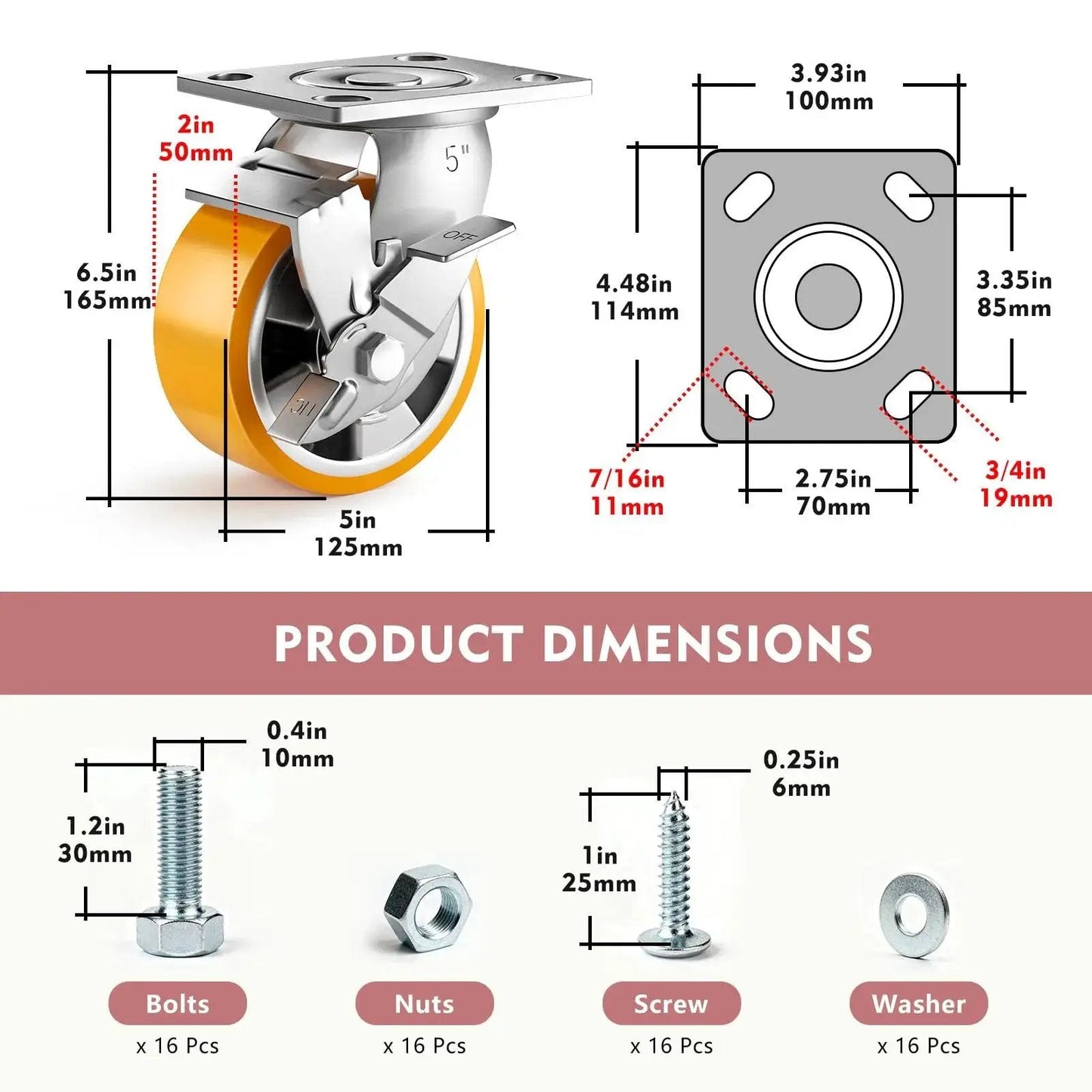 5 Inch Heavy Duty Locking Casters Set Of 4 With Plate Mount Swivel Wheels For Heavy Duty Carts, Workbenches And Equipment, 5000 Lb Load Capacity, Durable Orange Finish For Industrial Use product dimensions including bolts, nuts, screws, washers