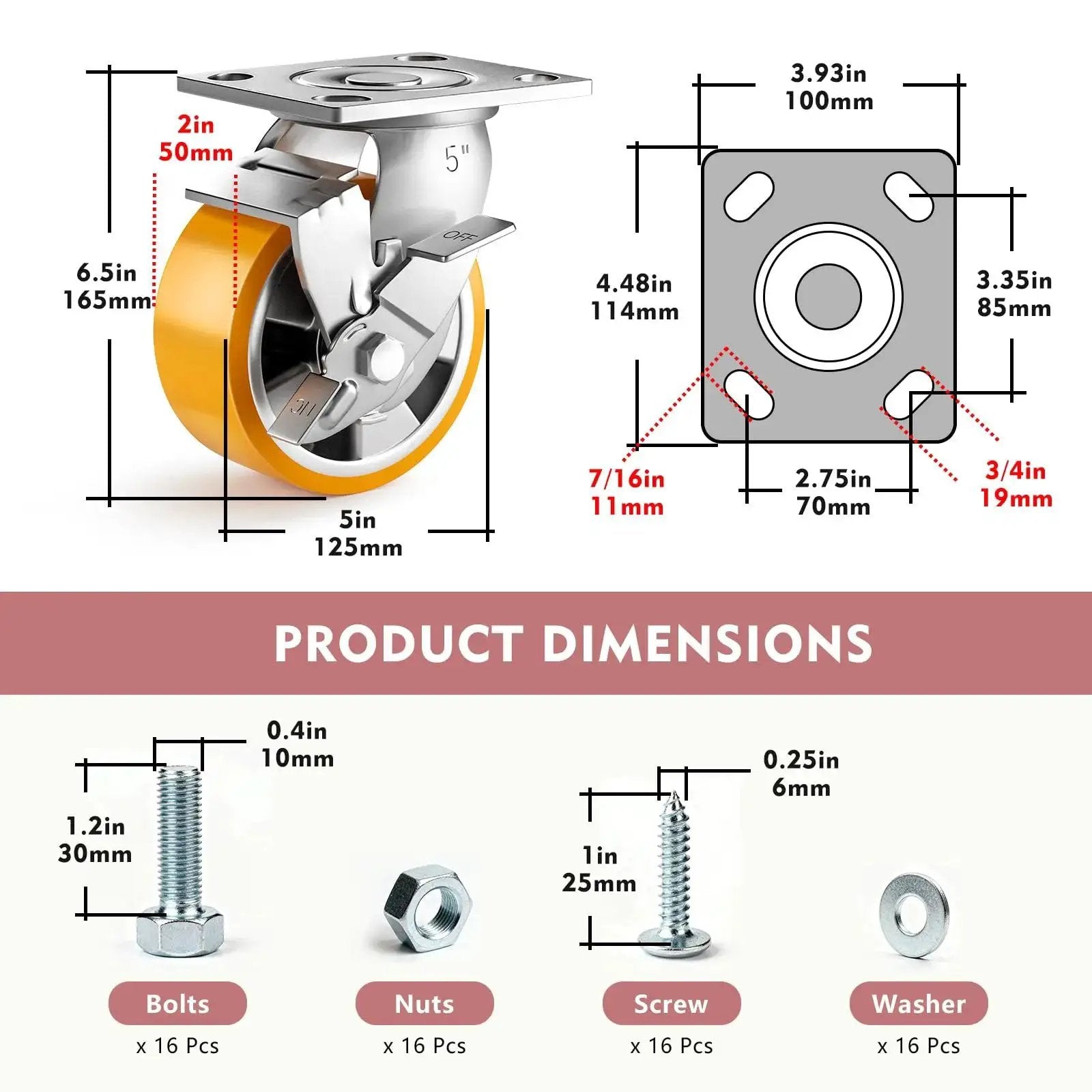 5 Inch Heavy Duty Locking Casters Set Of 4 With Plate Mount Swivel Wheels For Heavy Duty Carts, Workbenches And Equipment, 5000 Lb Load Capacity, Durable Orange Finish For Industrial Use product dimensions including bolts, nuts, screws, washers