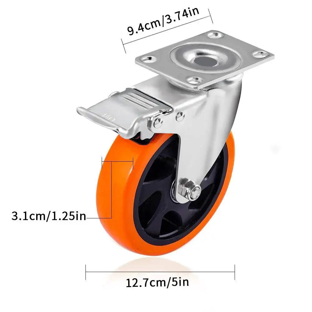 Side view of 5 Inch Swivel Casters Wheels 450lbs Per Wheel Heavy Duty Castors With Brake Polyurethane Dual Locking Set Of 4 Orange DL I5 001 showing dimensions.
