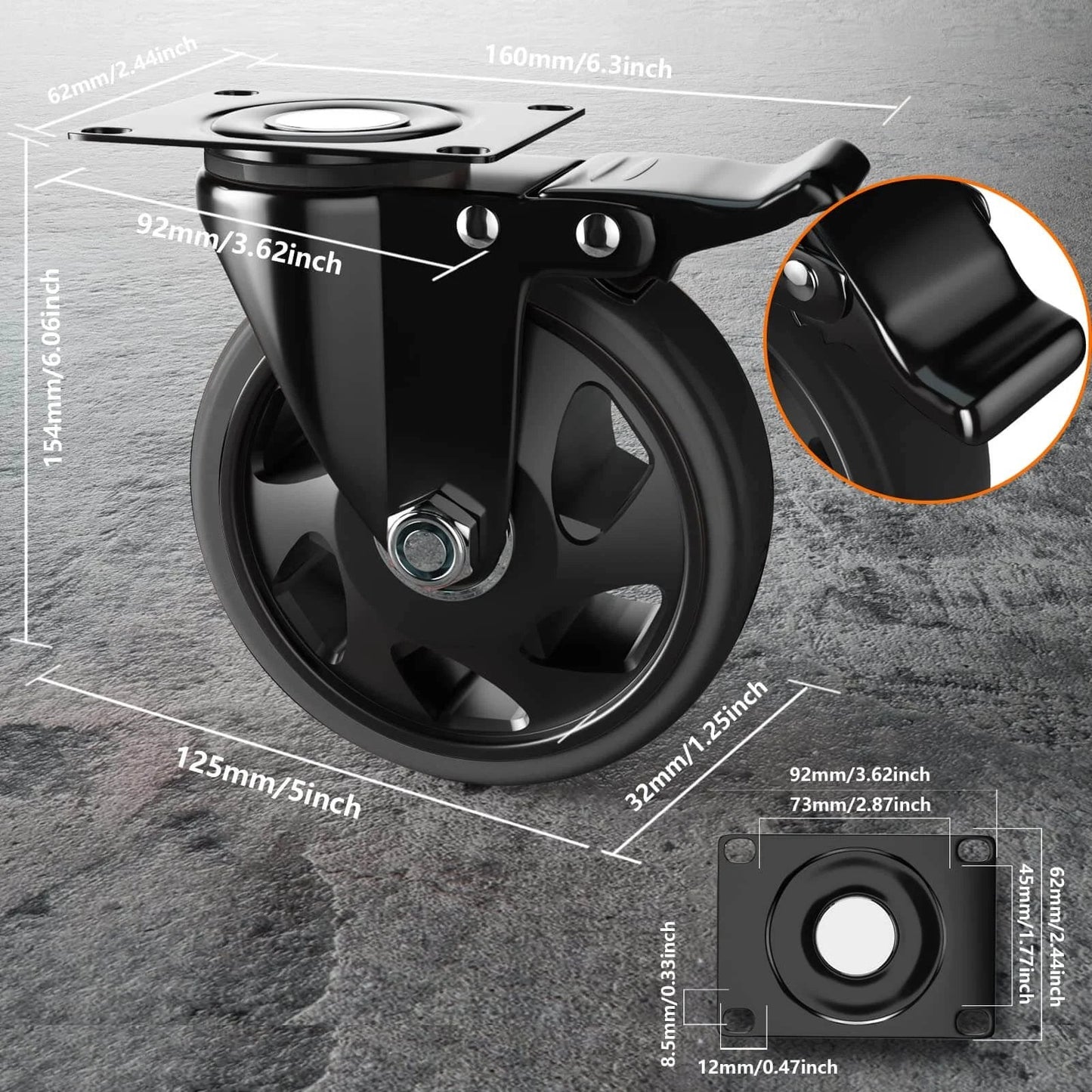5 inch heavy duty swivel caster wheel with double safety brakes, stainless steel frame, polyurethane wheel, 360 swivel locking