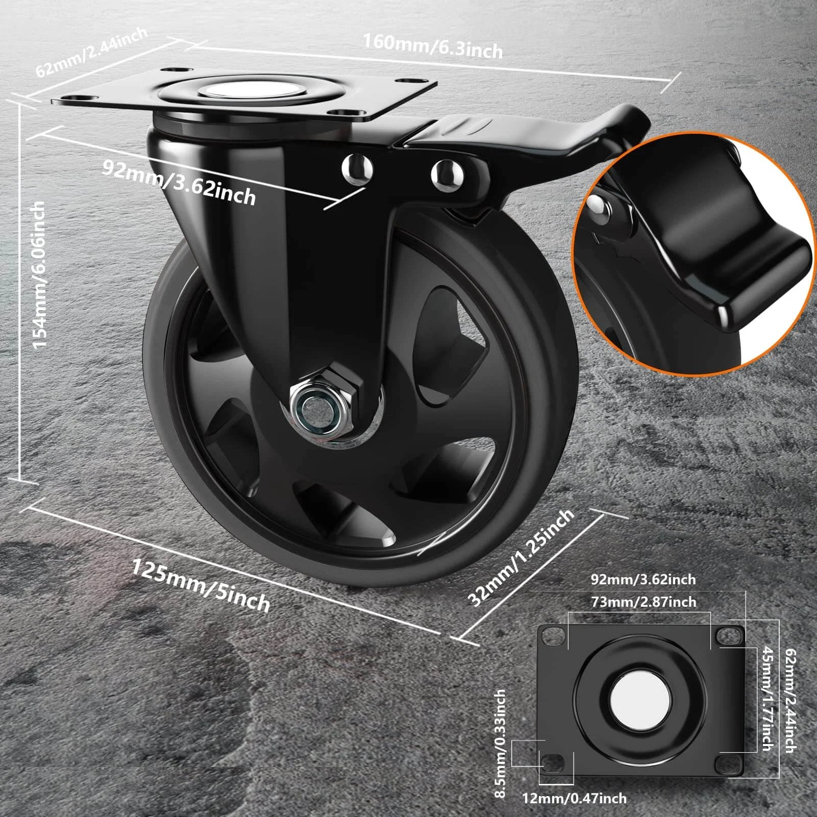 5 inch heavy duty swivel caster wheel with double safety brakes, stainless steel frame, polyurethane wheel, 360 swivel locking