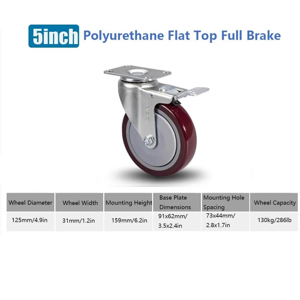 5 Inch Heavy Duty Anti Tangling Caster Wheel with Brake, 360 Degree Swivel PU Caster, Carbon Steel Plate for Furniture and Workbenches